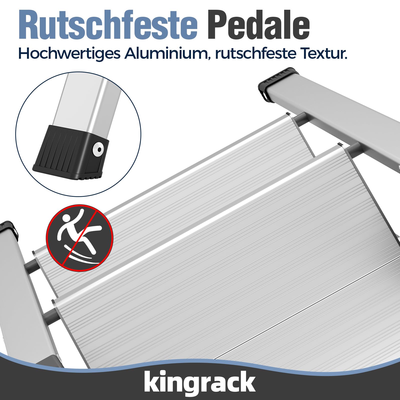 KINGRACK Trittleiter 2 Stufen Klappbar, Tritthocker aus Aluminium & Stahl | Klapptritt mit Breite rutschfeste Pedale, Sicherheitsverriegelung, bis 150kg, für Haushalt, Küche, Garage, Wohnmobil, Silber