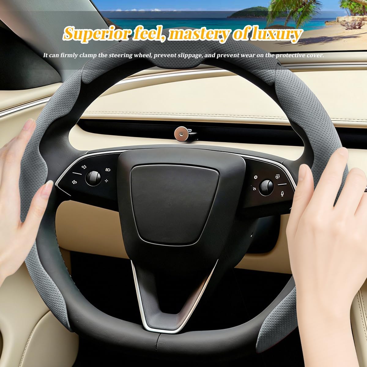 3PCS 15 Inch Steering Wheel Cover Nappa Leather Segmented Gray image 3