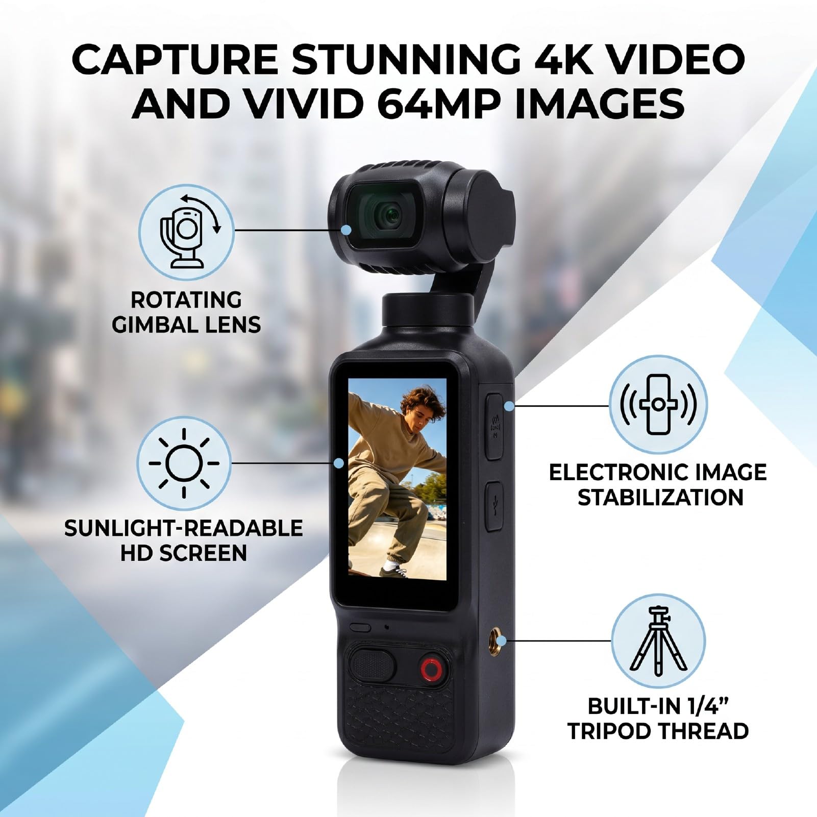 Videocamera Sportiva 4K, Fotocamera 64MP | Fotocamera Vlog con Obiettivo Girevole a 180°, Luce Integrata per Video