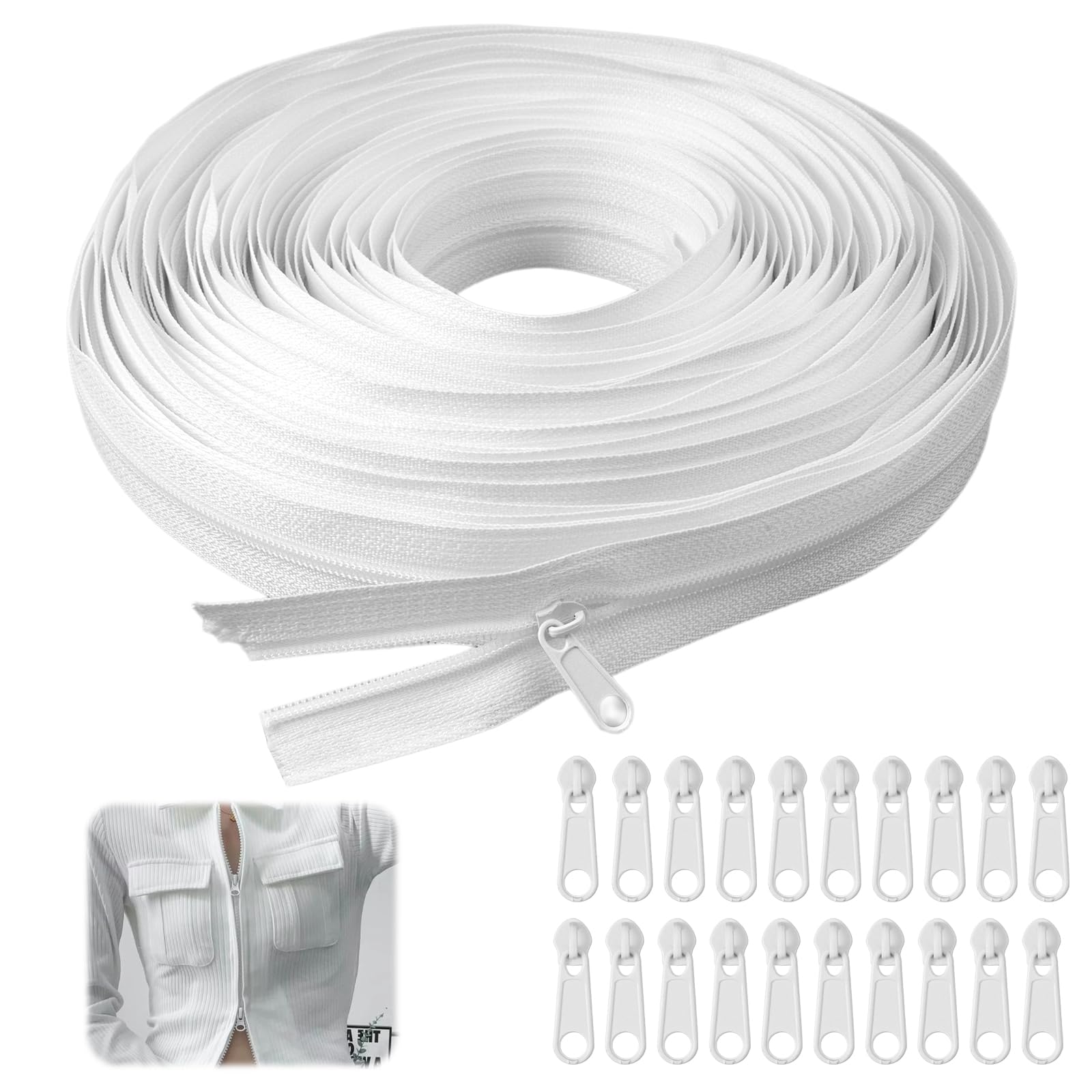 SHUNLI 20 Cerniere Lampo In Nylon N.3, Colore Bianco, Lunghezza 50,8 Cm, Cursore Metallico Autobloccante, Per Cucito E Abbigliamento - 4