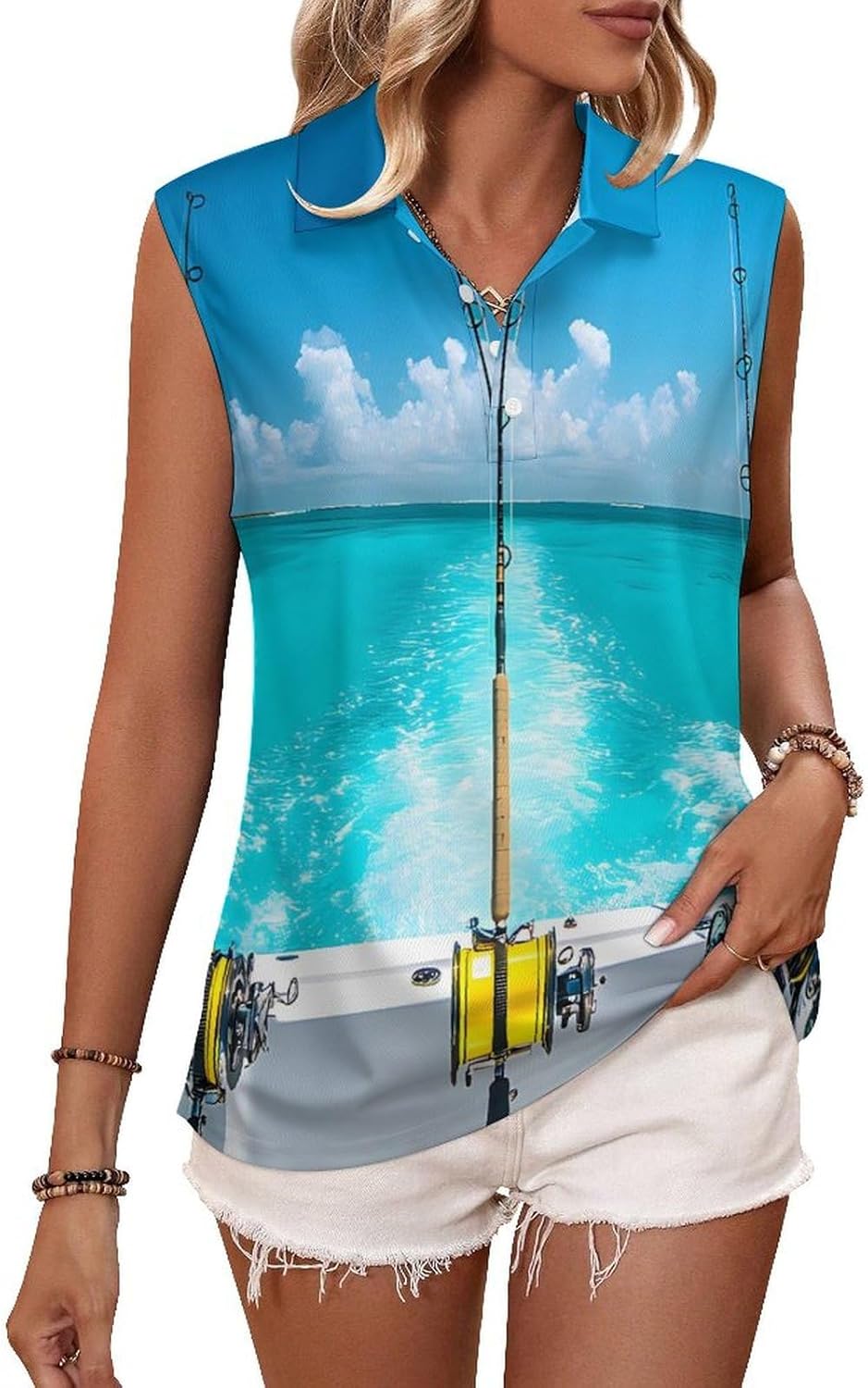 Fishing Rod And Reel Womens Golf Shirts Print Polo Shirt Sleeveless Tank Top Casual Work Blouses