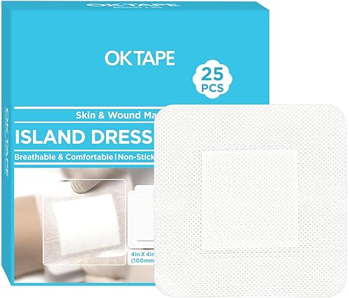 OK TAPE Aderezo de isla de gasa con bordes de 4 x 4 pulgadas, 25 almohadillas de gasa envueltas, apósito estéril no tejido para heridas con