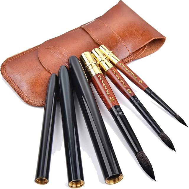 Travel Watercolour Brushes, Genuine Squirrel Hair Artist Travel Paint Brushes with Pocket Size Leather Pouch Perfect for Watercolor Inking Gouache Acrylic Painting