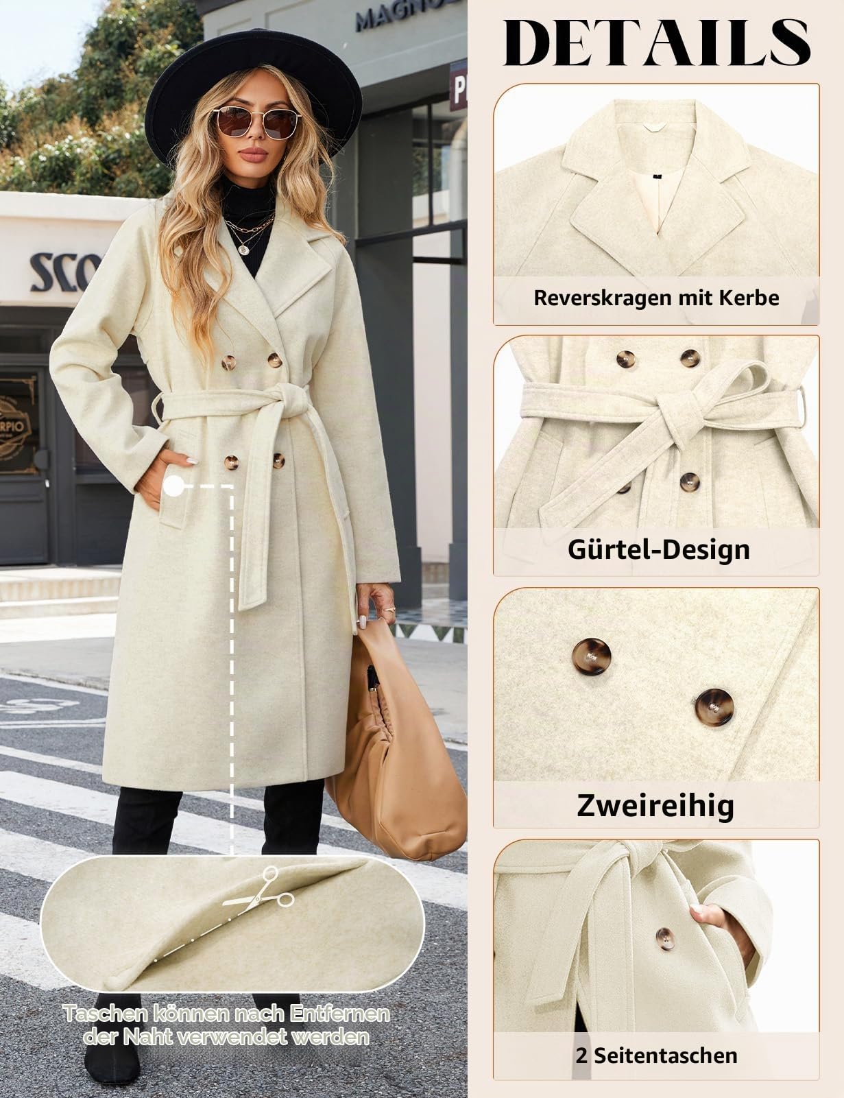 Yuson Girl Wintermantel Damen Warmer Damen-mäntel Lang Klassische Revers Zweireihiger Mantel Herbst Winter Übergangsmantel Knielang Elegant Trenchcoat Outwear mit Gürtel, Taschen