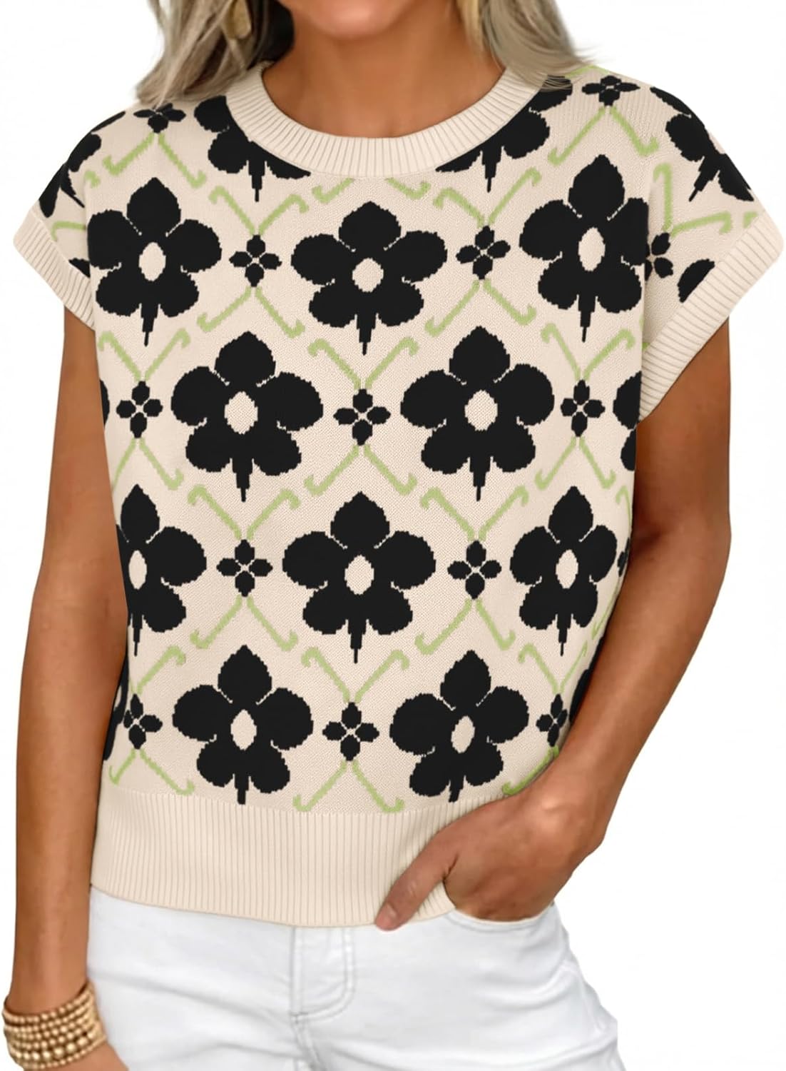Cicy Bell Women’s Sweater Vest Summer Floral Cap Sleeve Sweaters Crew Neck Dressy Casual Knit Trendy 2026 Tops