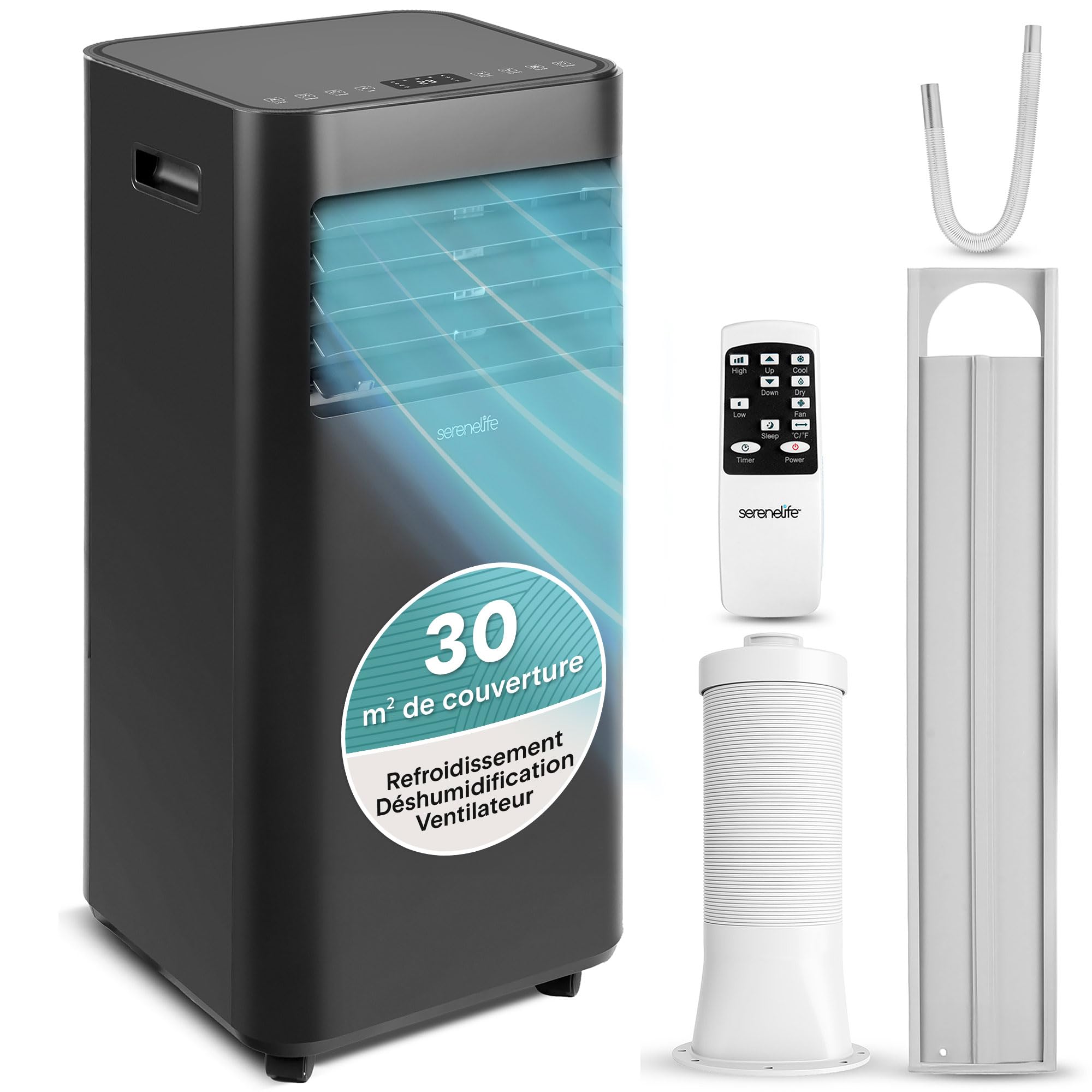 SereneLife Climatiseur Mobile 9000 BTU 2,0 kW – Climatiseur Portable avec Évacuation, 3 en 1 Refroidissement Déshumidificateur Ventilateur, Silencieux 54 dB, Télécommande et Kit Fenêtre
