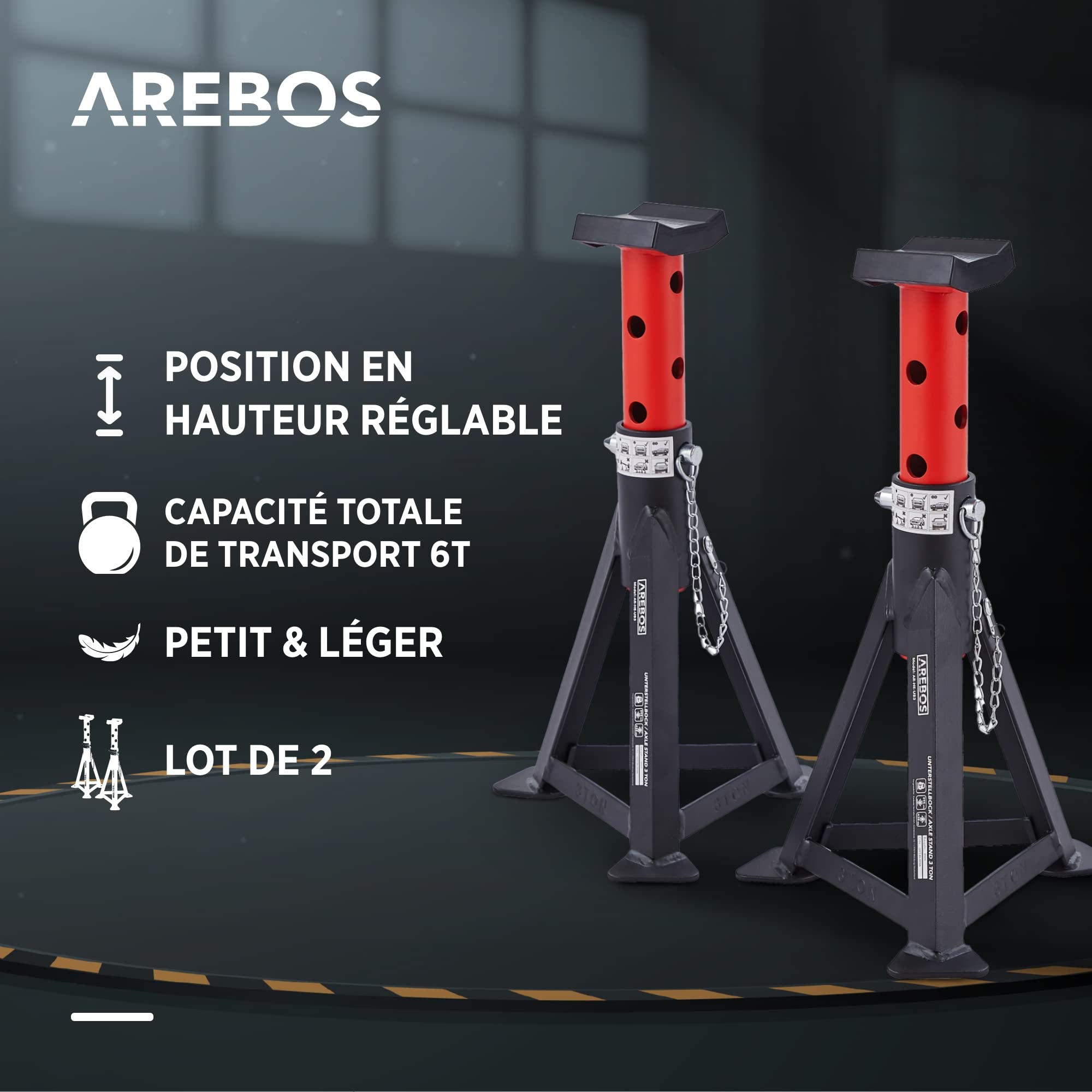 Arebos Cric hydraulique de manœuvre 3T avec pédale et 2 chandelles | Cric Voiture Robuste 3 tonnes | pour Atelier, Garage et Entretien Auto