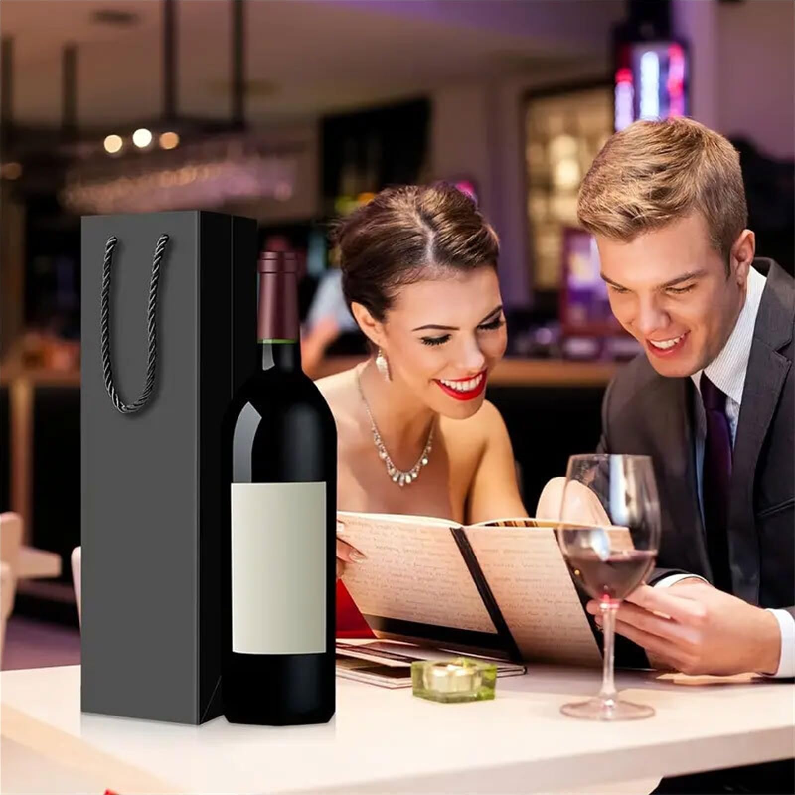 10/20 bolsas de regalo de vino con cordón con asas, a prueba de fugas, papel kraft, reutilizables, aptas para viajes, Navidad (negro, 20 unidades)