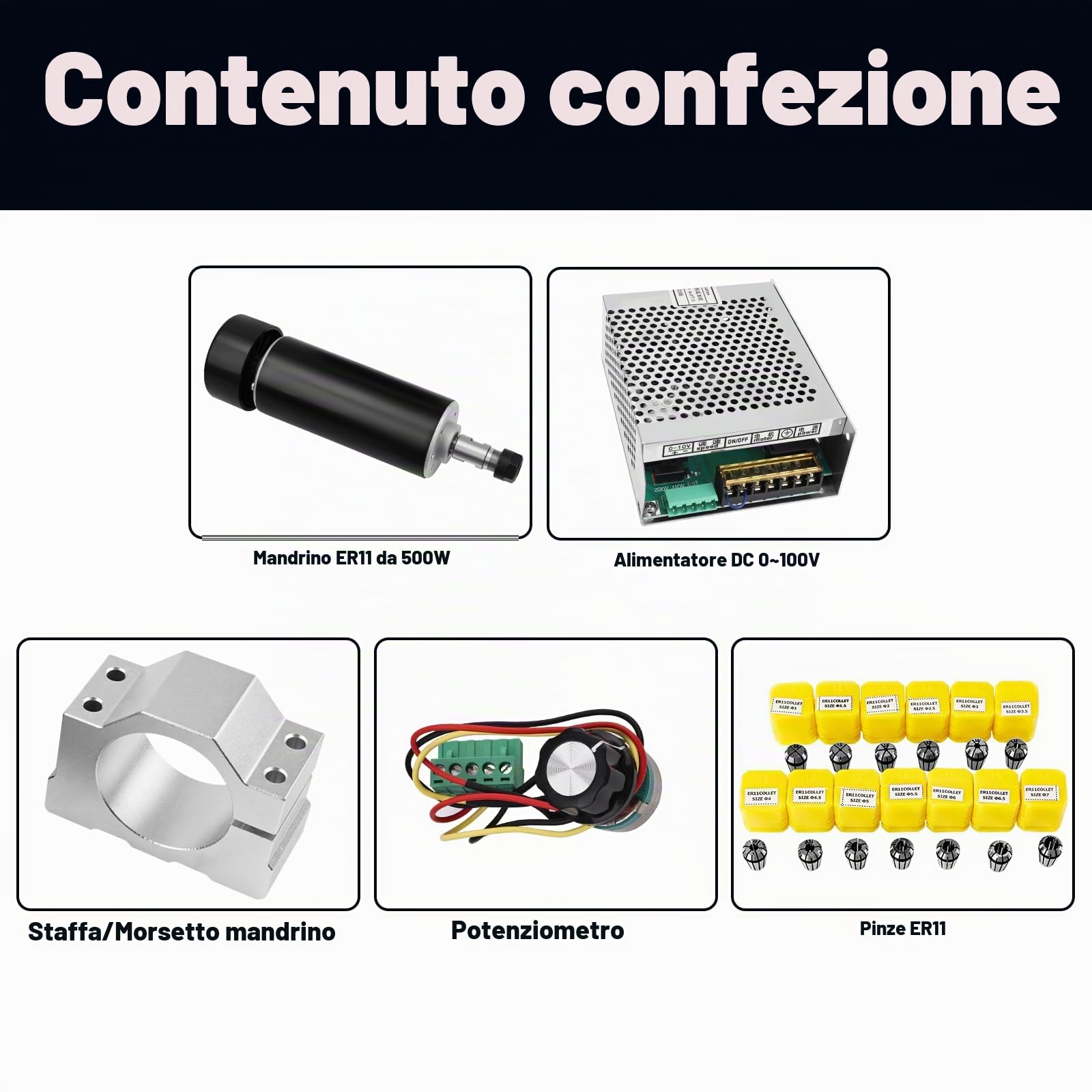 YOFULY Kit motore mandrino spazzolato da 500 W - con mandrino CNC ad alta velocità, convertitore di potenza, pinze ER11 da 13 pezzi e morsetto da 52 mm, per fresatrice CNC fai da te
