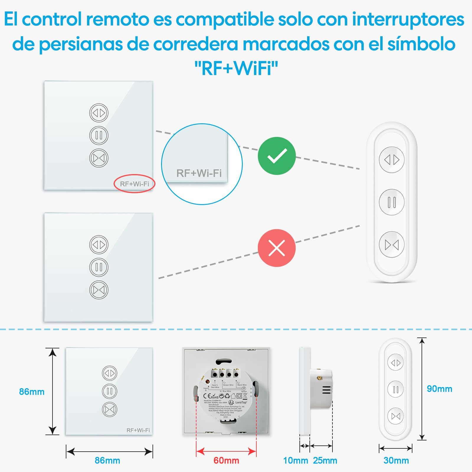 LoraTap Interruptor Persiana WiFi con Mando a Distancia RF, Interruptor Táctil de Pared para Cortina Eléctrica, Funciona con La Aplicación Smart Life, Compatible con Alexa y Google Home