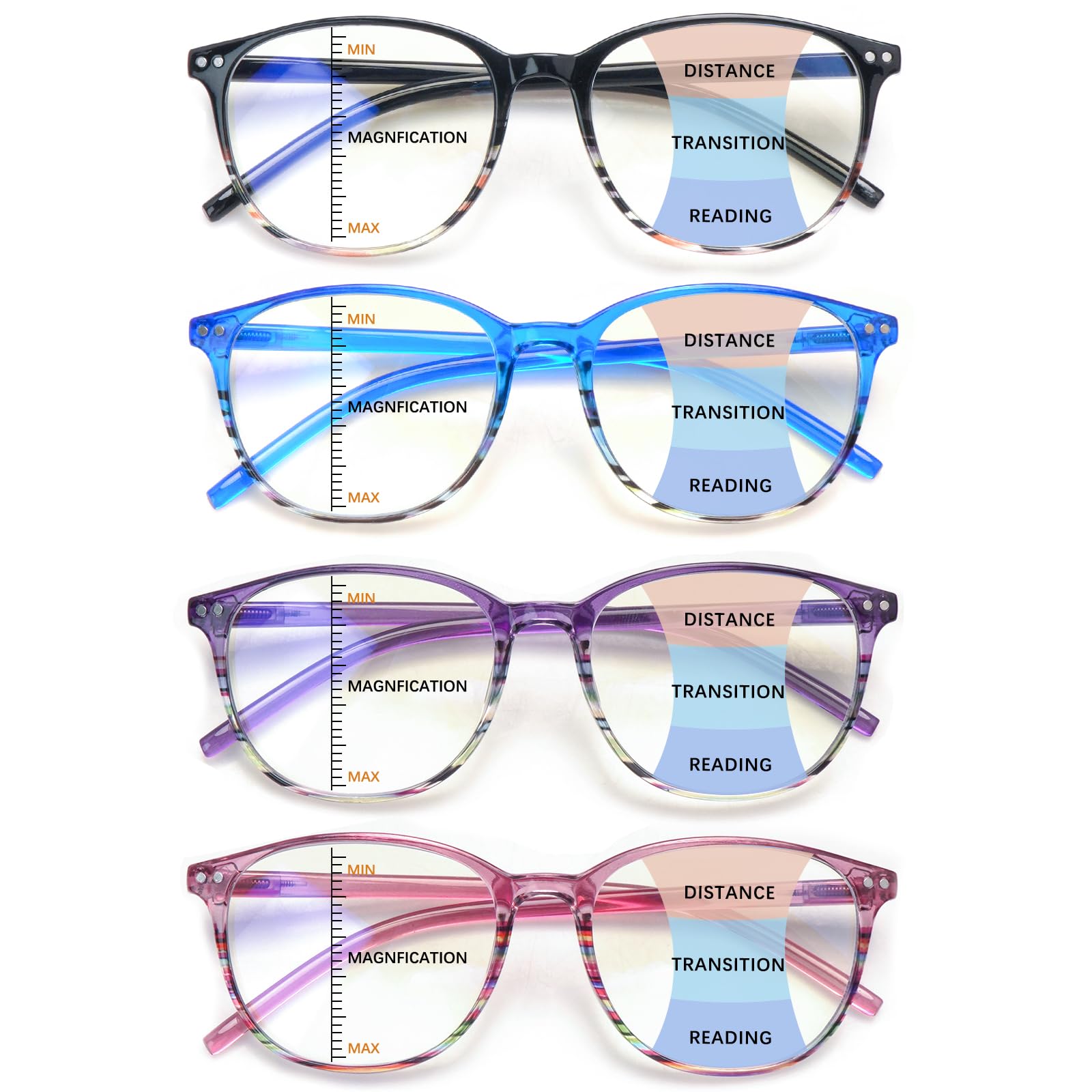 Ronecool Progressive Multifocus Reading Glasses, Blue Light Blocking Computer Readers Spring Hinge 4 Pack