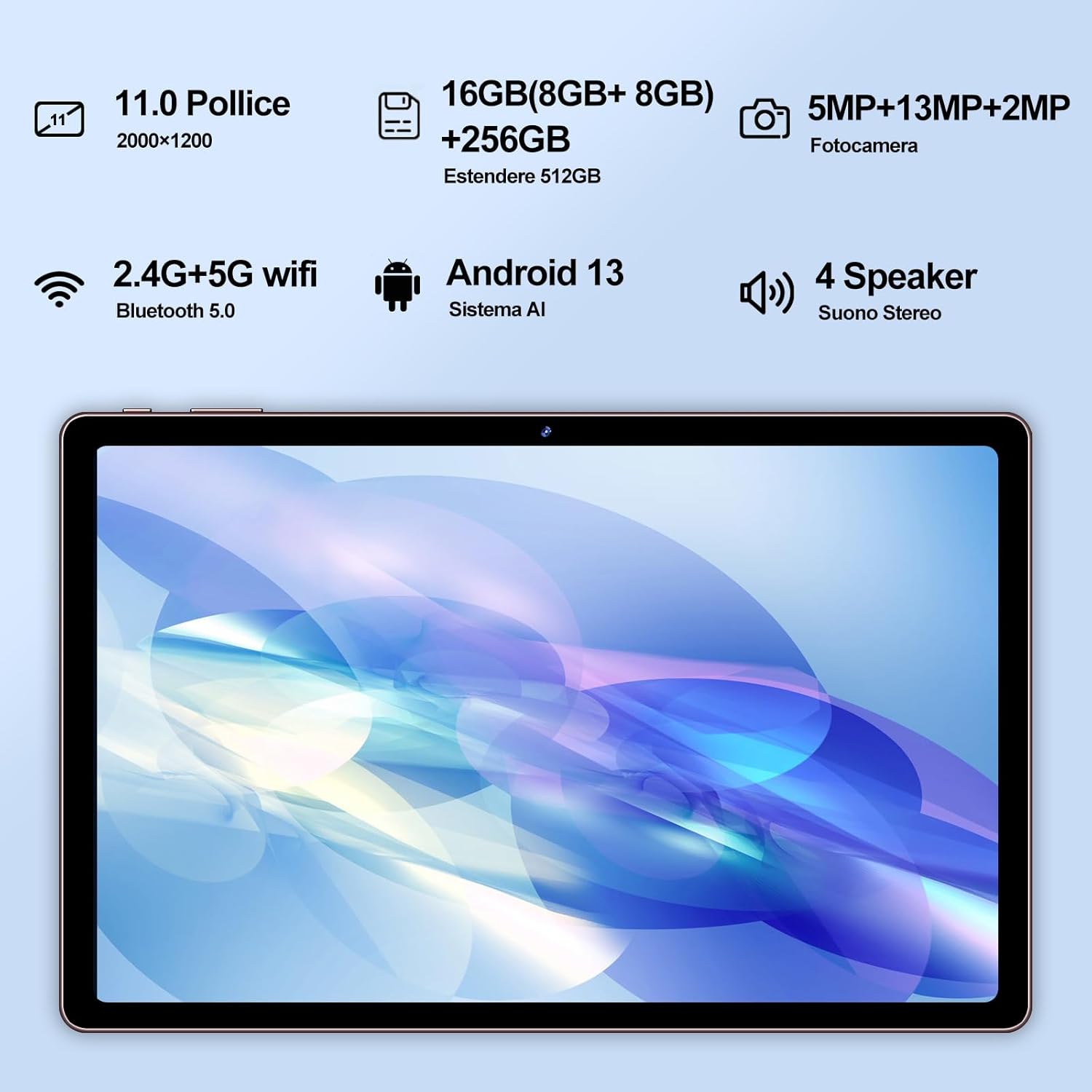 AOCWEI 2023 Android 13 Tablet 11 Pollici 16GB(8+8) RAM+256GB ROM (TF 512GB) |5G+2.4G WiFi | Bluetooth 5.0 |Octa Core|2.0Ghz |8600mAh|2000 * 1200pixels |5+13MP |Tablet con Tastiera Mouse e Custodia AOCWEI 2023 Android 13 Tablet 11 Pollici 16GB(8+8) RAM+256GB ROM (TF 512GB) |5G+2.4G WiFi | Bluetooth 5.0 |Octa Core|2.0Ghz |8600mAh|2000 * 1200pixels |5+13MP |Tablet con Tastiera Mouse e Custodia