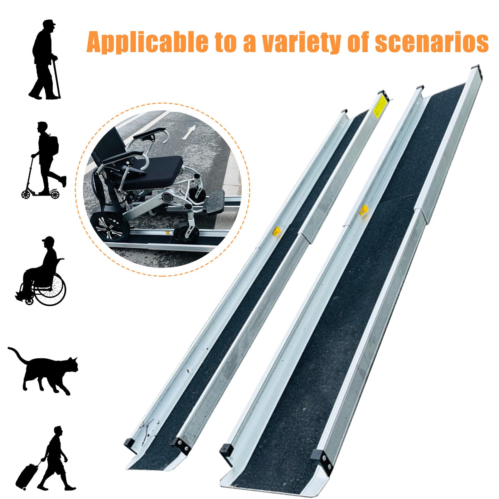 Rampa Telescópica para Silla De Ruedas De 2,13 M (7 Pies) Ajustable, Portátil, De Aluminio, con Umbral, Plegable, para Scooter De Movilidad, con Superficie Antideslizante, 7FT