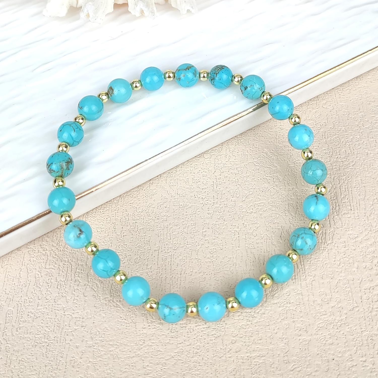 Turquoise Bracelet, Bohemian Natural Genuine Turquoise Bead Bracelet for Women, Handmade 6mm Round Beads Stretch Bracelet Turquoise Jewelry - Image 6