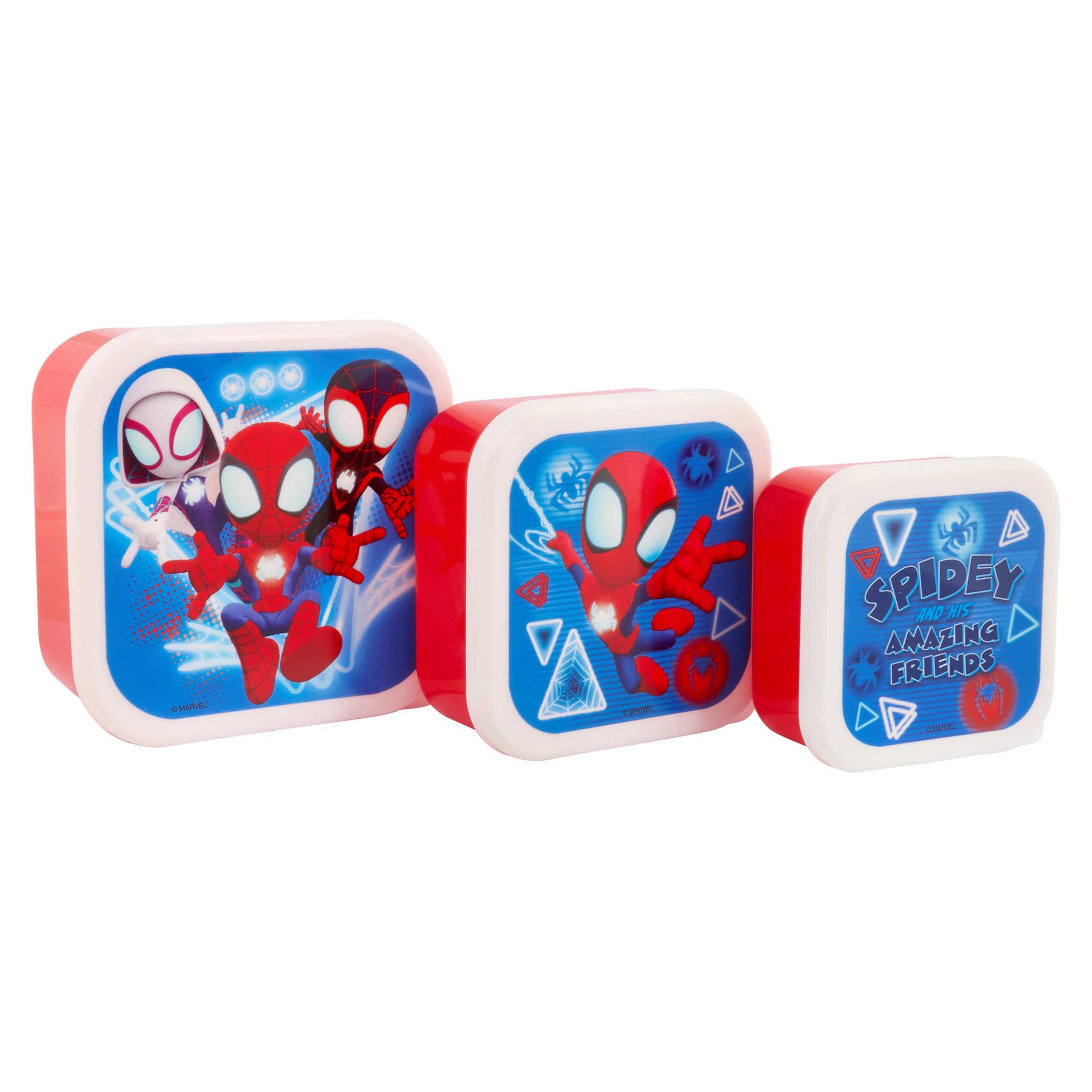 Marvel Spidey Amazing Friends Stackable Lunch Boxes - Set of 3, Durable & Eco-Friendly, Ideal for Kids & Superhero Fans - Perfect for School, Picnics & Travel, Blue & Red