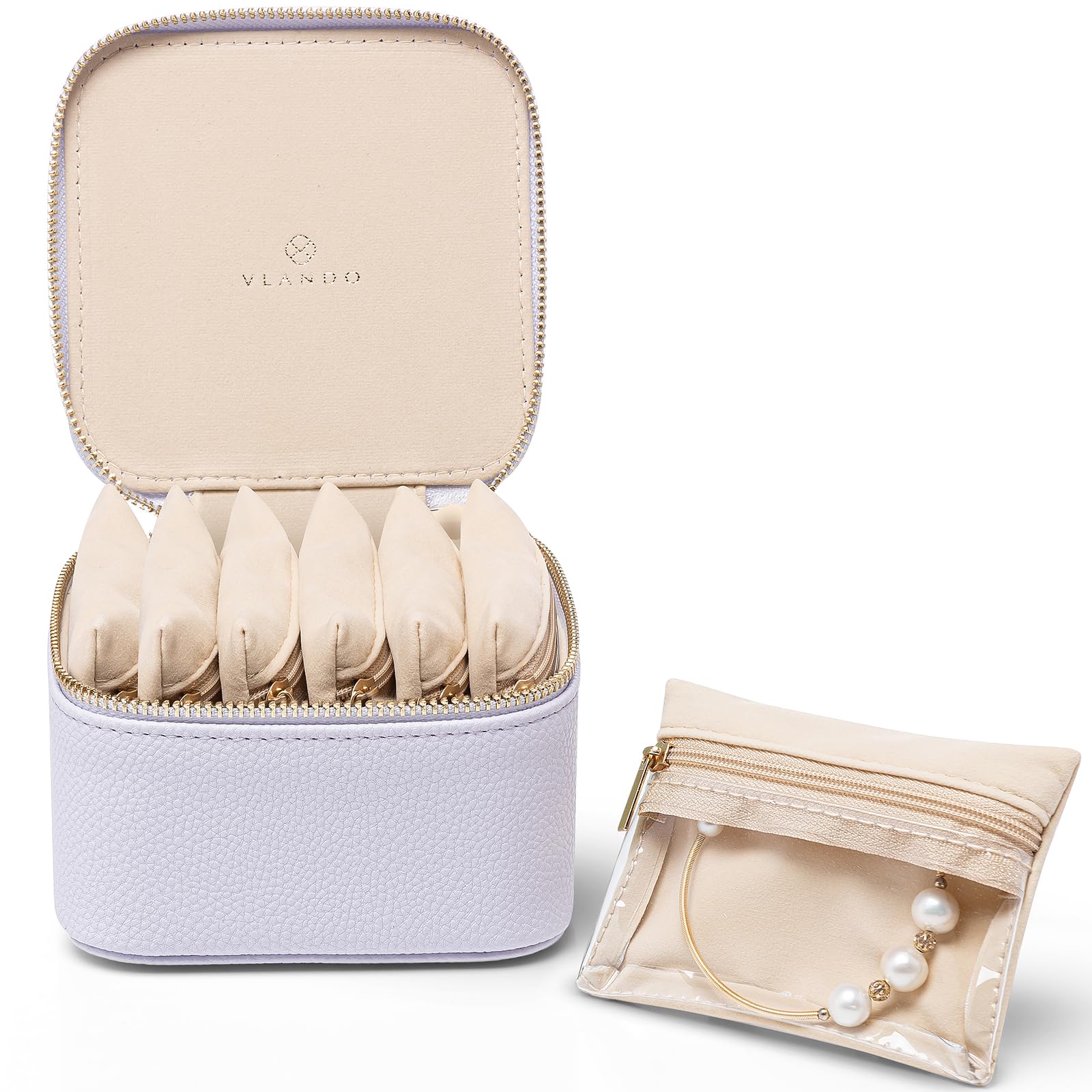 Vlando Travel Jewelry Case Small Jewelry Box with 6 velvet zipper pockets PU Leather Travel Jewelry Organizer for