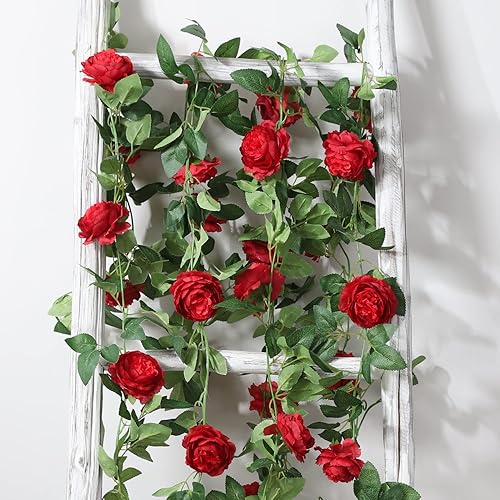 Miniatura 10 de Duovlo Guirnalda de flores de peonía artificial de 8.2 pies para colgar, vid de seda floral para el hogar, boda, arco de pared, decoración de