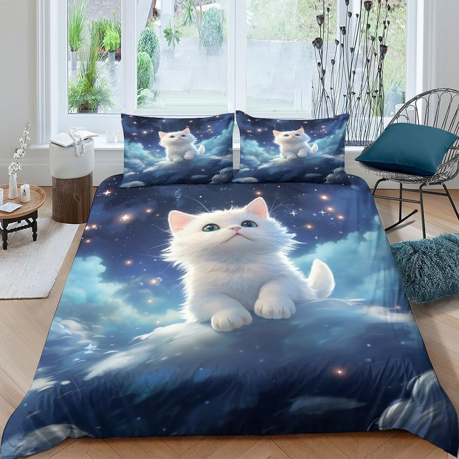 Housse de couette 260x240 chat avec zip pour un lit double facile à faire