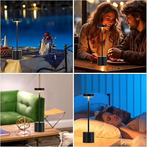 Miniatura 7 de SKEFUNA Lámpara de mesa LED inalámbrica, recargable, portátil, funciona con pilas, 3 colores regulables, funciona con luces táctiles, luces de mesa