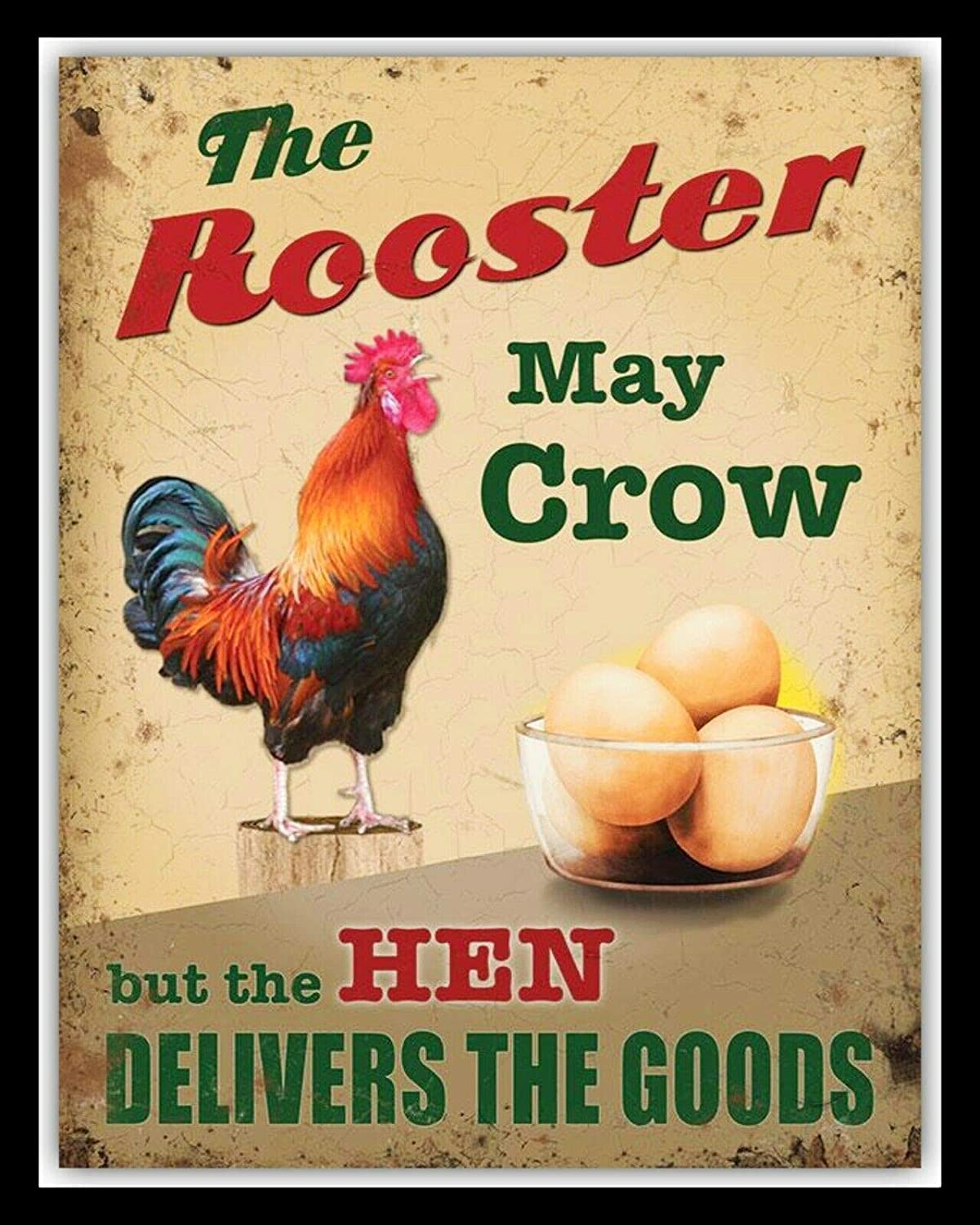 RIFOSA 6"x8" The Rooster May Crow But The Hen Husband Wife Partner Metal Sign
