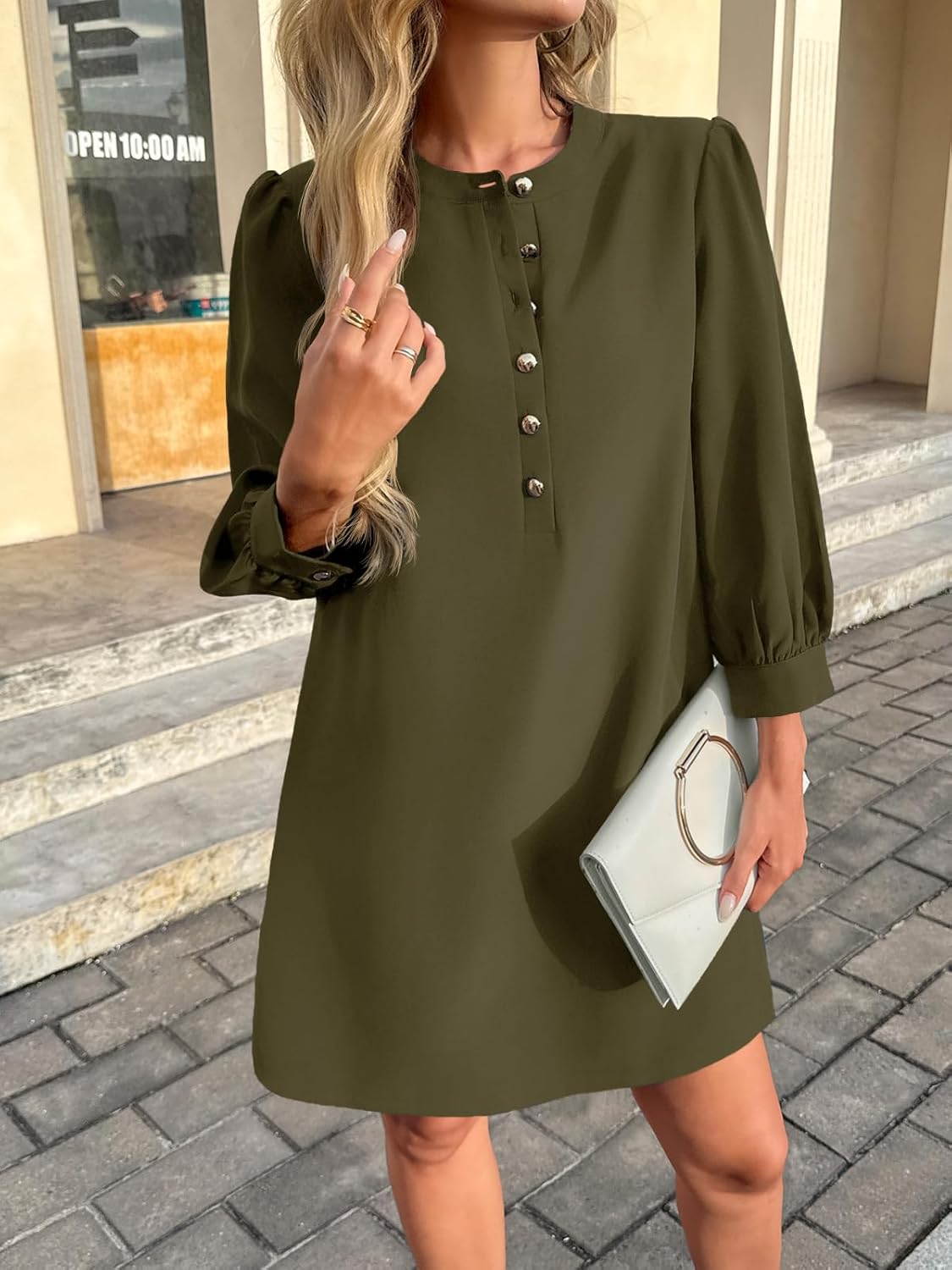 Wenrine Womens 3/4 Puff Sleeve Mini Dress Button Crewneck Elegant Casual Business Shift Dresses 2025 - Image 3