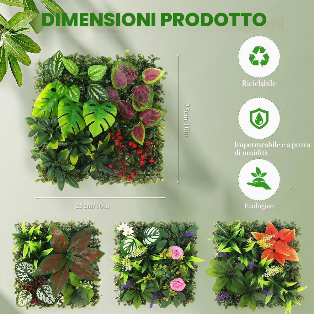 Piante artificiali da parete, 4 pezzi, per esterni, 25 x 25 cm, decorazione per la casa