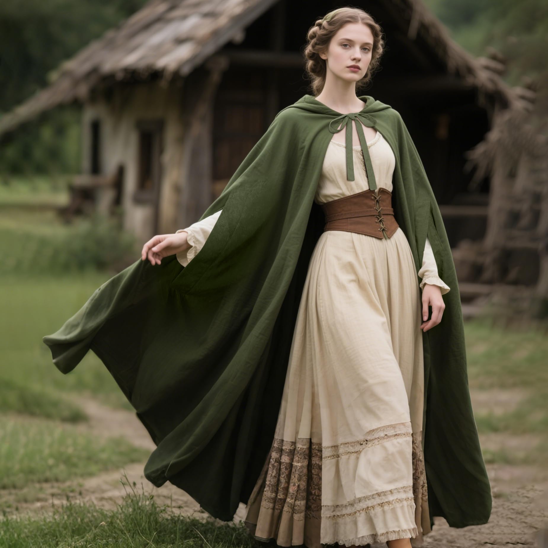 Keland Capa renacentista con capucha para mujer, capa medieval con capucha y agujeros para las mangas para Halloween (verde ejército)