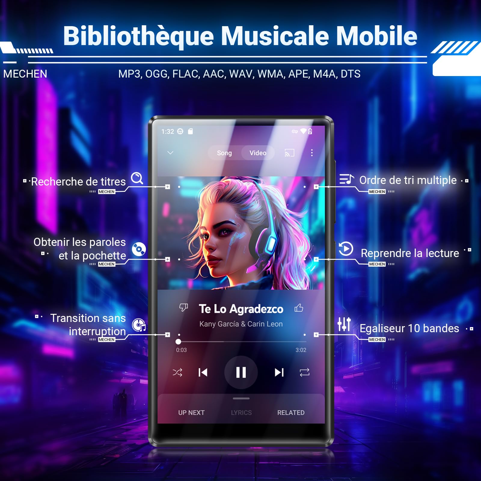 MECHEN Lecteur MP3 Spotify 256 Go Bluetooth WiFi, Android 13 et Streaming Wi-FI, écran IPS 5,0" 1080P, Audible Deezer Amazon Music Préinstallé (X56)