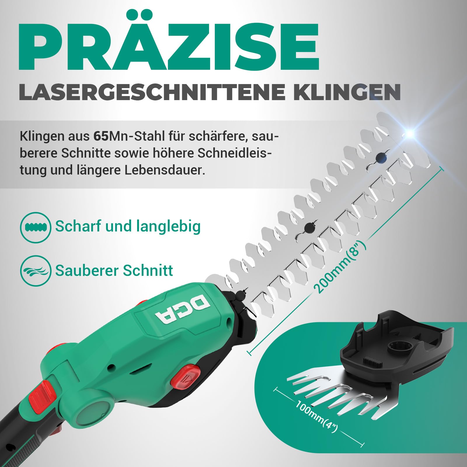 DCA 20V Akku Grasschere und Strauchschere 2-in-1 Rasenkantenschneider | 100mm Grasscherenblatt & 200mm Heckenscherenblatt, 2.0Ah Akku, 3-fach verstellbarer Schneidwinkel