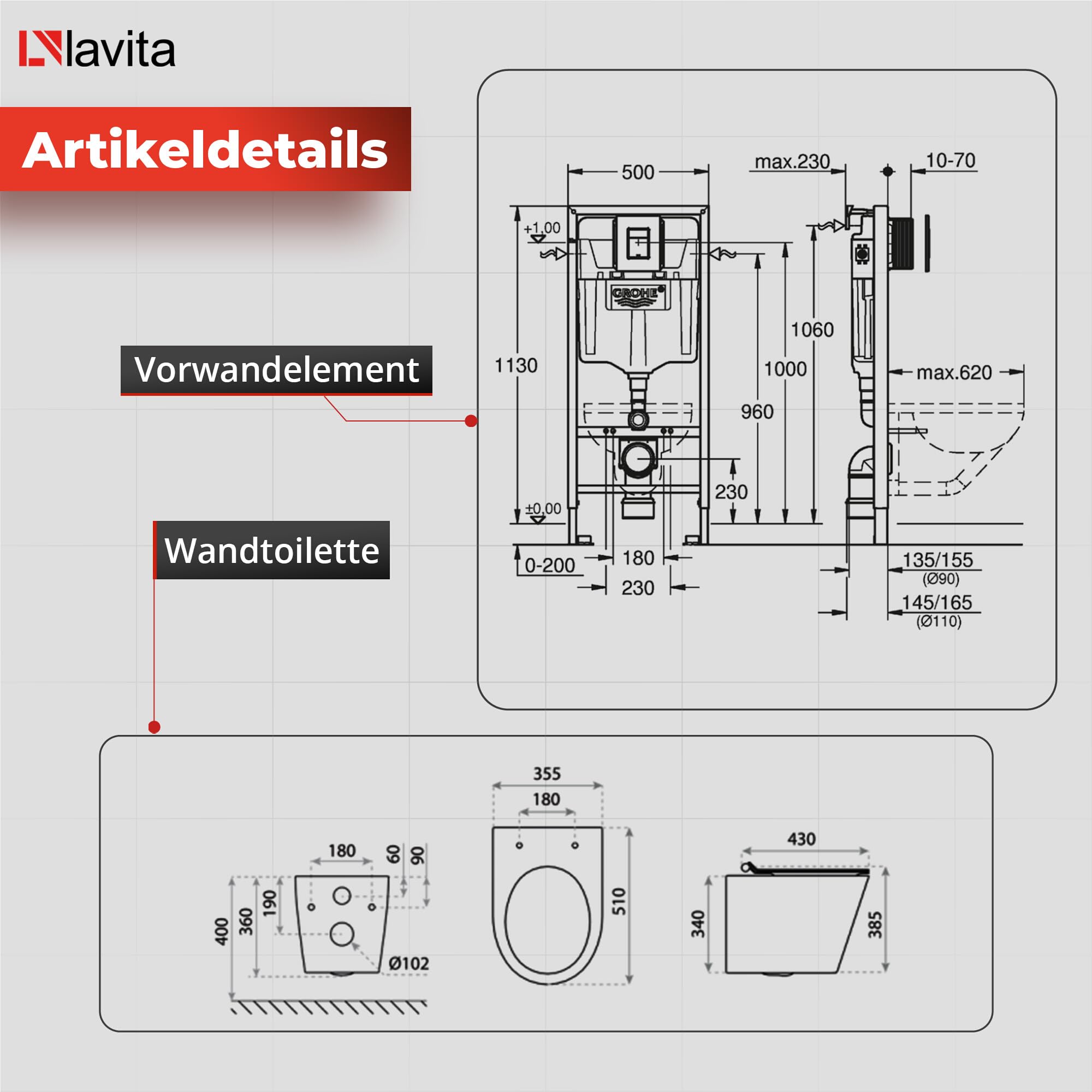 Lavita Vorwandelement Solido + Wand Hänge WC Galve Weiß Spülrandlos + WC Sitz mit Absenkautomatik Glänzend Weiß Knopf Komplettset Unterputz Spülkasten Toilette Komplett Sett WC