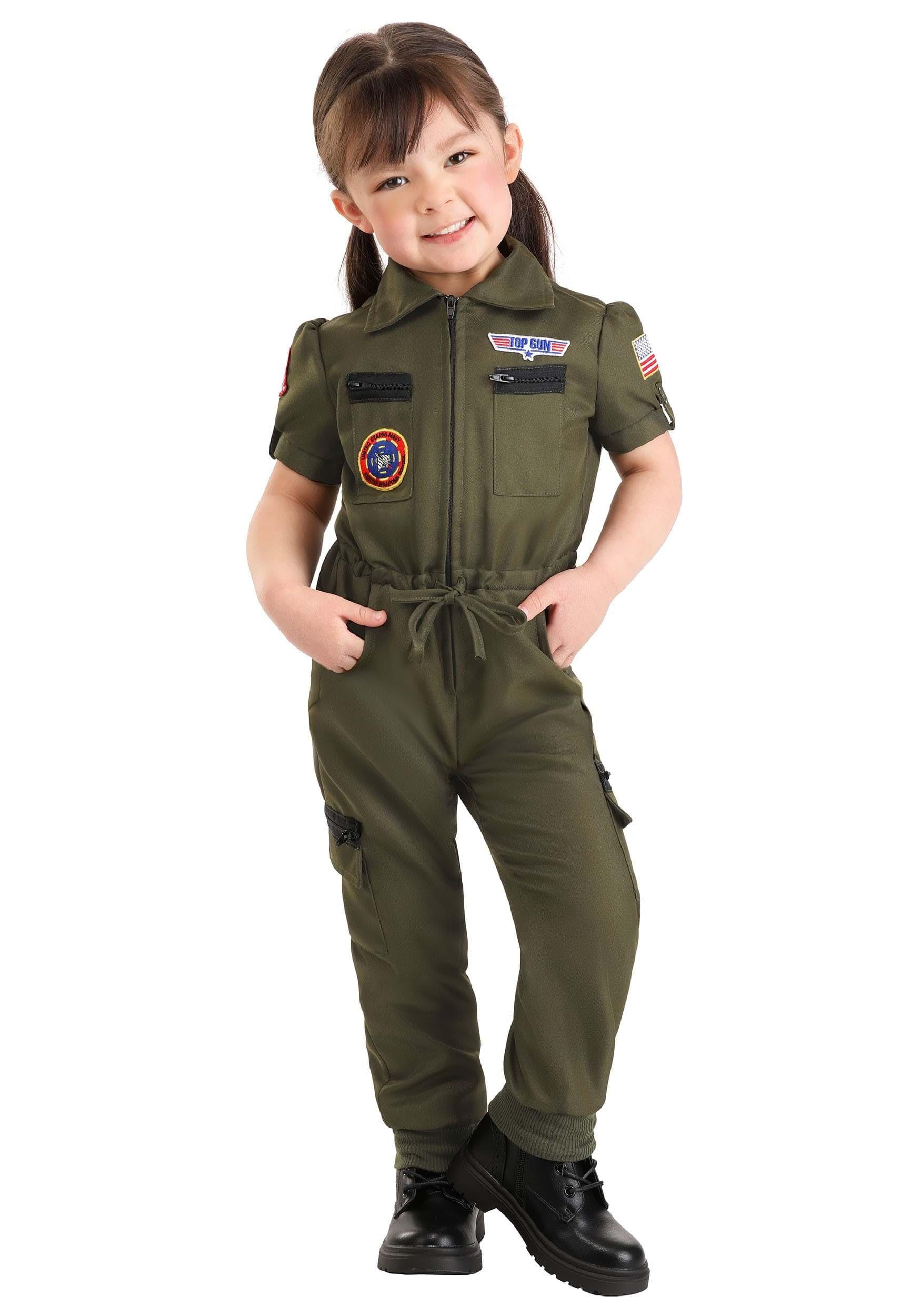 Girl's Top Gun Flight Suit Toddler Costume | Air Force Pilot Jumpsuit for Kids | Ideal for Halloween & Playtime