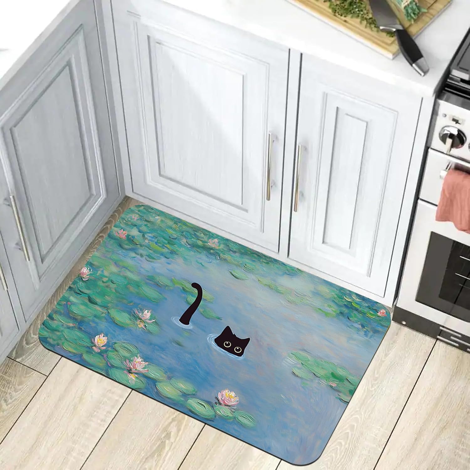 APROPHIC Cat Kitchen Rug Mat 2-Piece Set, Boho Modern Cute Non Slip Rubber Runner Rug, Black Cat Lotus Leaves and Flowers Pond Polyester Rubber Backing Floor Mat for Kitchen Decor 16x24 + 16x41 Inches
