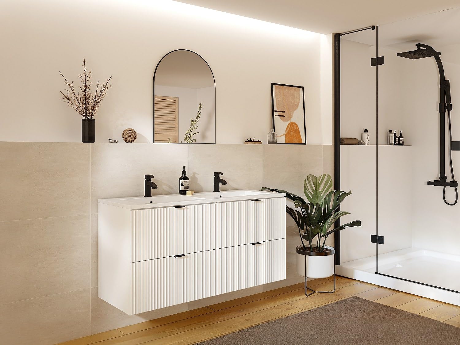 Vente-unique - Mobile pensile scanalato con lavabo da incasso - Bianco opaco - 120 cm - Zevini