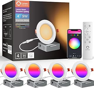 Lumary Smart Recessed Lighting 4 Inch Smart WiFi Recessed Lights 9W Ultra-Thin and Anti-Glare Trim RGBWW Smart LED Recessed Light with Junction Box Work with Alexa/Google Assistant/BT Remote 4PACK