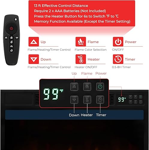 Miniatura 4 de Tangkula Chimenea eléctrica de cuarzo infrarrojo de 23 pulgadas con control remoto, calentador de chimenea empotrado de 1500 W con termostato,