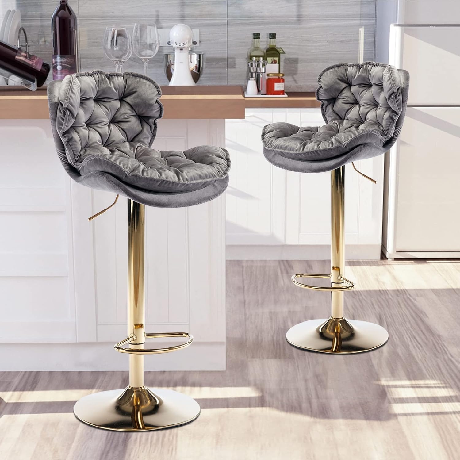 Velvet 360° Swivel Bar Stools Set of 2, Modern Height Adjustable Swivel Barstools Counter Chairs with Back & Golden Metal Base for Pub, Kitchen, Cafe,Dining Room (2, Gray)
