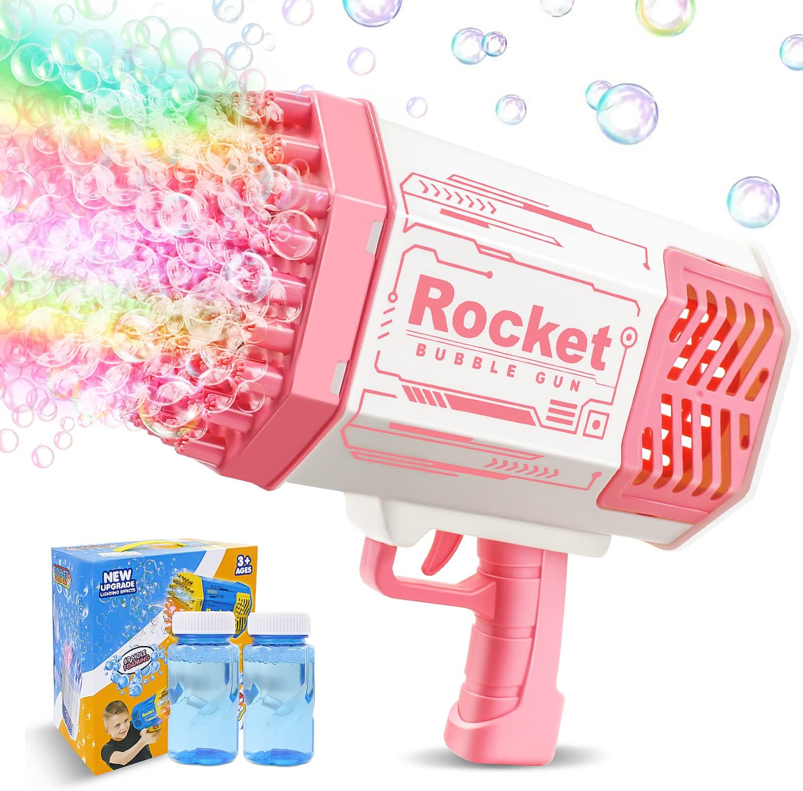 69-Hole Bubble Gun with FlashLight/Bubble Solution, Big Rocket Launcher Bubble Machine Bubble Blower Bubble Maker Bazooka Bubble Gun Kids Boys Girls Toy Gifts for Outdoor Indoor Birthday Wedding Party