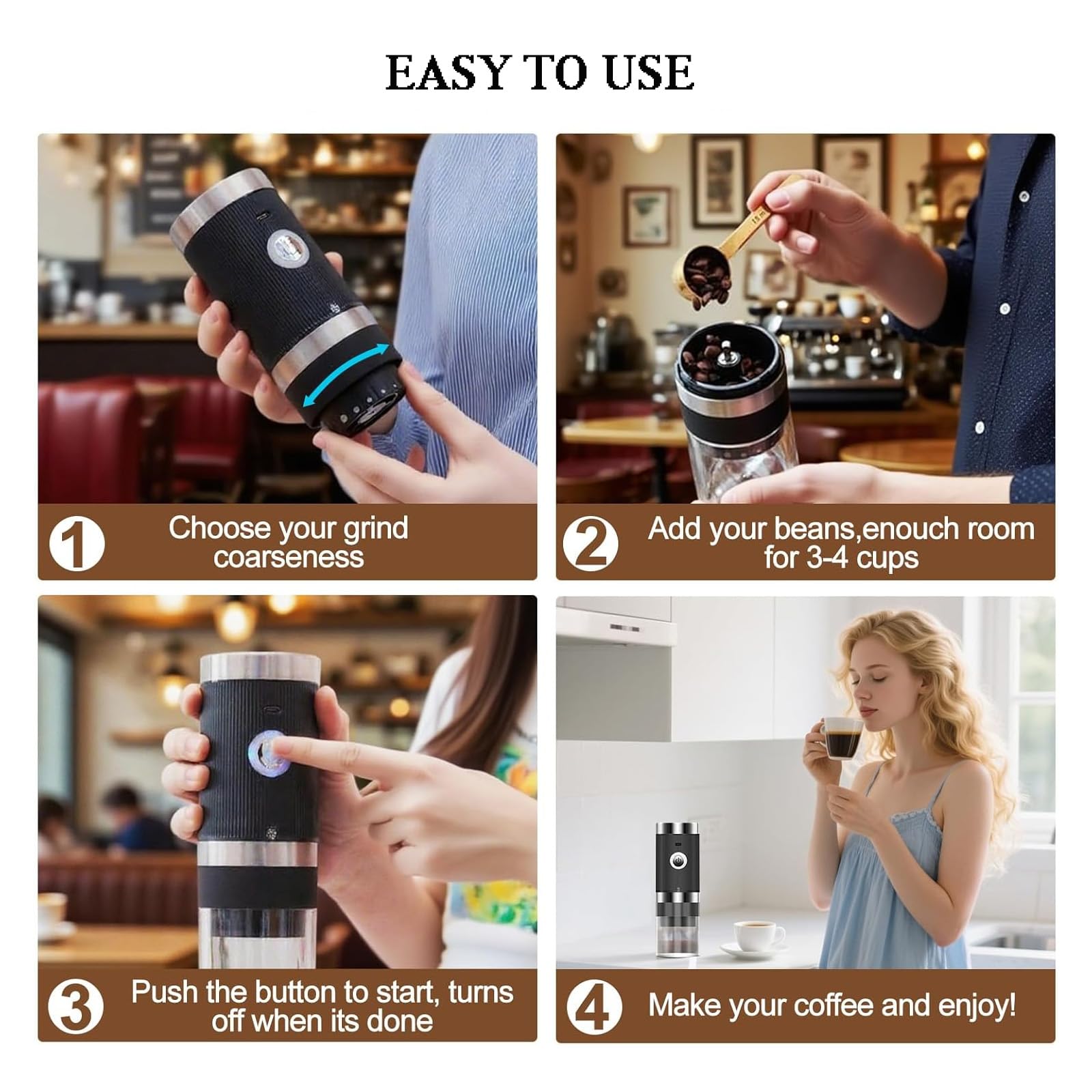 Rechargeable Coffee Bean Grinder, Cordless Portable Burr Coffee Grinder, with 5 Gears Adjustable Settings & 1200mah Battery Capacity, Easy To Clean & Portable for Home, In The Office, Hiking