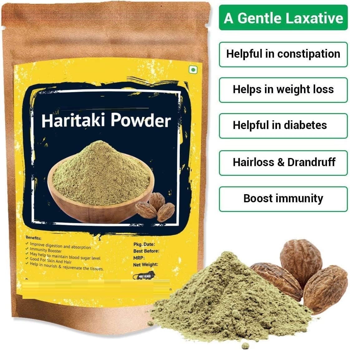 RUVA Haritaki Poudre biologique – 400 g/m² | Poudre Harde 100 % pure | Kadukkai | Harad | Poudre de noix d'encre pour les cernes, le visage, la peau et une digestion saine