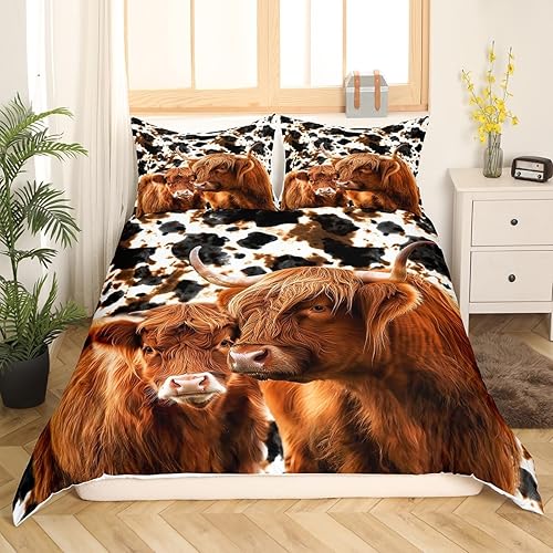 Miniatura 2 de Highland Cattle - Juego de ropa de cama tamaño Queen, funda de edredón de poliéster suave con estampado de animales salvajes y vaca lechera con 2