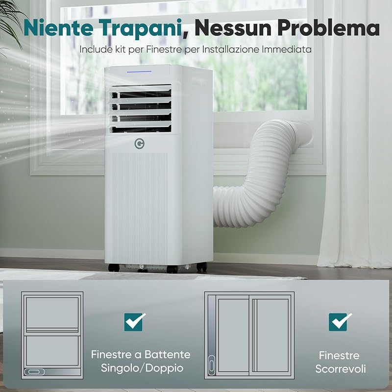 KGOGO hordozható klíma 9000 BTU 4 az 1ben páramentesítő 2 sebességű ventilátor digitális kijelző távirányító ablak készlet 24h időzítő 25 m2