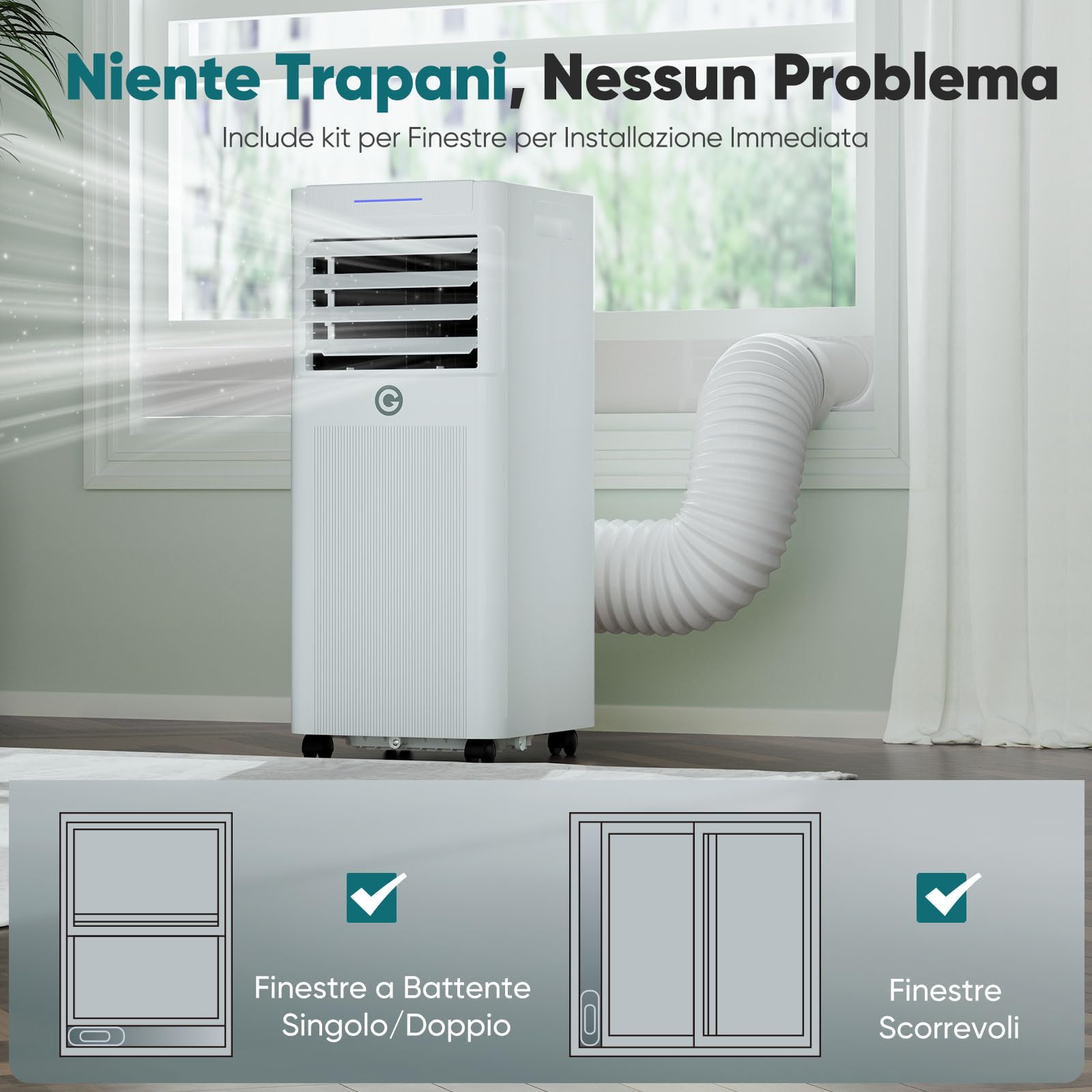 Condizionatore Portatile 9000 BTU con Deumidificatore 4 in 1, Ventilatore di Raffreddamento a 2 Velocità, Display Digitale e Telecomando, Kit Finestra, Timer 24 Ore Per Stanze Fino a 25 m²/78m³