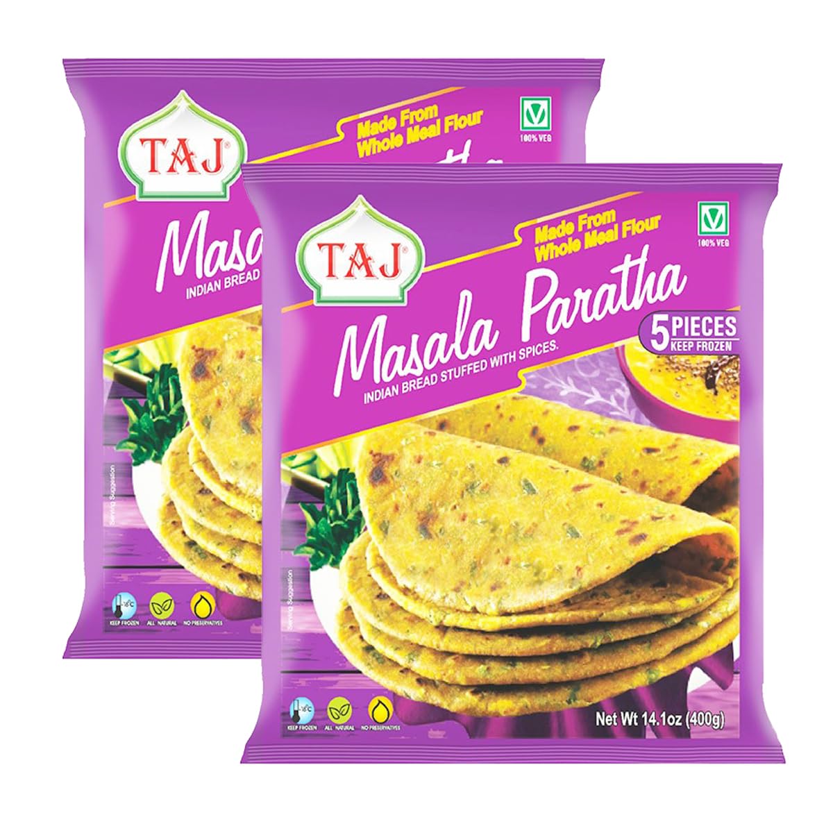 Generic Taj Masala Paratha - Made from whole meal flour, Indian bread stuffed with spices, No Preservatives from Indian Origin, 400g (Pack of 2)