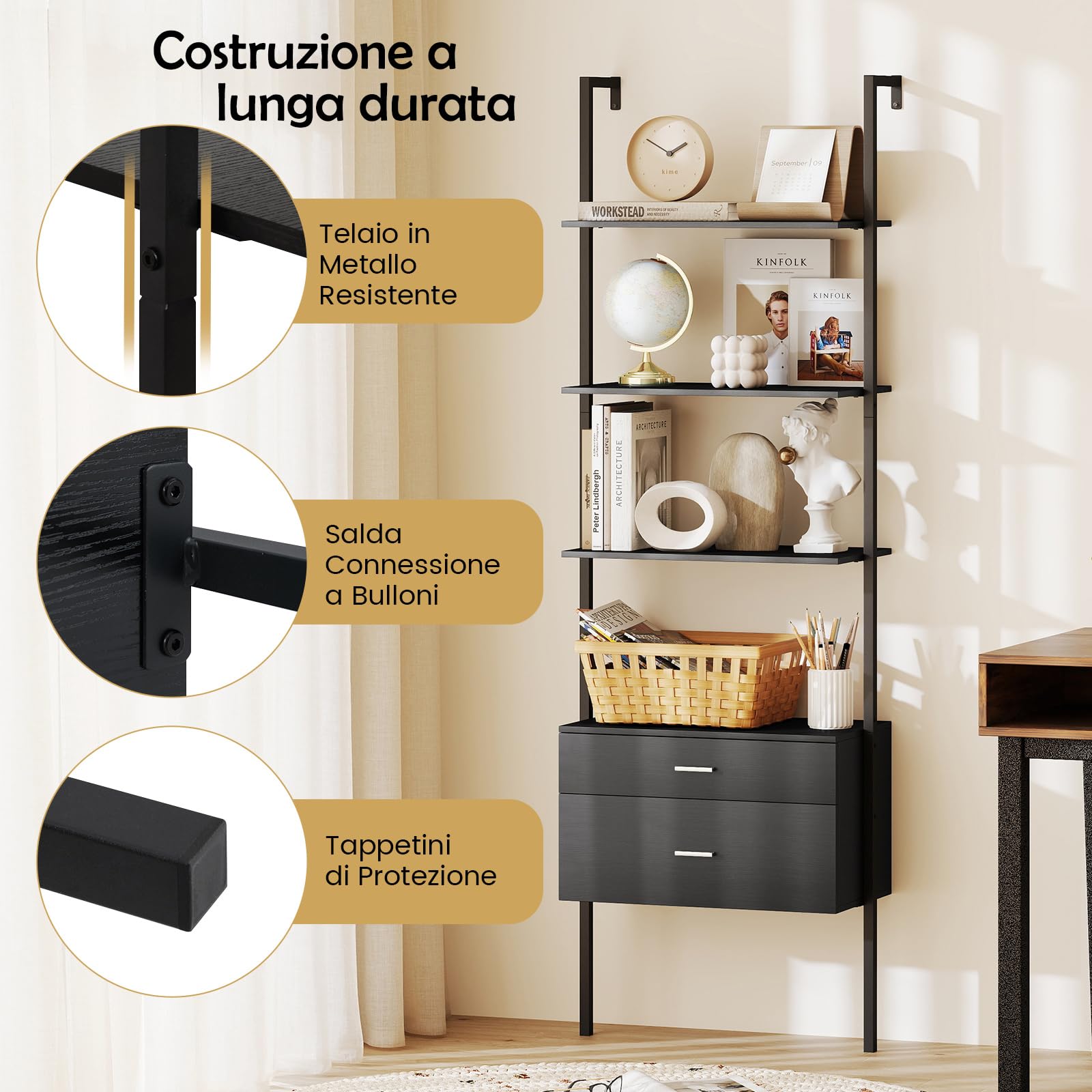 COSTWAY Libreria a Scala 184 cm, Scaffale da Parete a 6 Ripiani con 2 Cassetti e Struttura in Metallo, Ripiano Espositivo Aperto Moderno per Soggiorno Studio Ufficio, 60 x 30 x 184 cm (Nero)