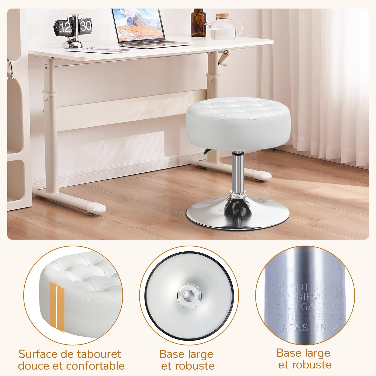 Tabouret de Coiffeuse, Tabouret de Maquillage, Tabouret Pivotant Réglable en Hauteur, Tabouret de Bar Rond Rembourré en Similicuir pour Chambre à Coucher Salon Salle à Manger, Blanc