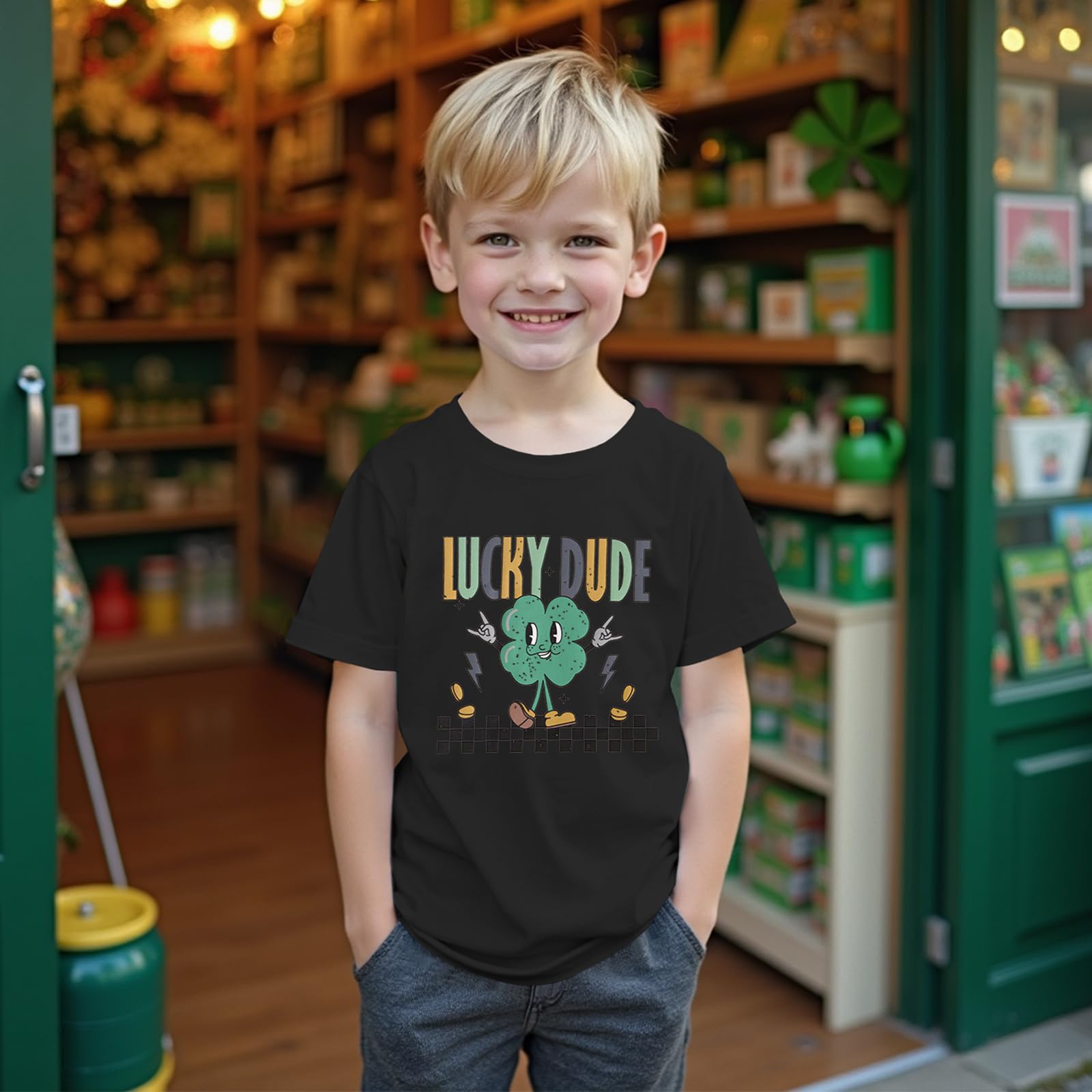 MODNTOGA St. Patrick's Day Crewneck T-Shirt Toddler Boy Shamrock Graphic Lucky Dude Print Shirt Green Clover Pullover Tops (Black, 2-3 Years)