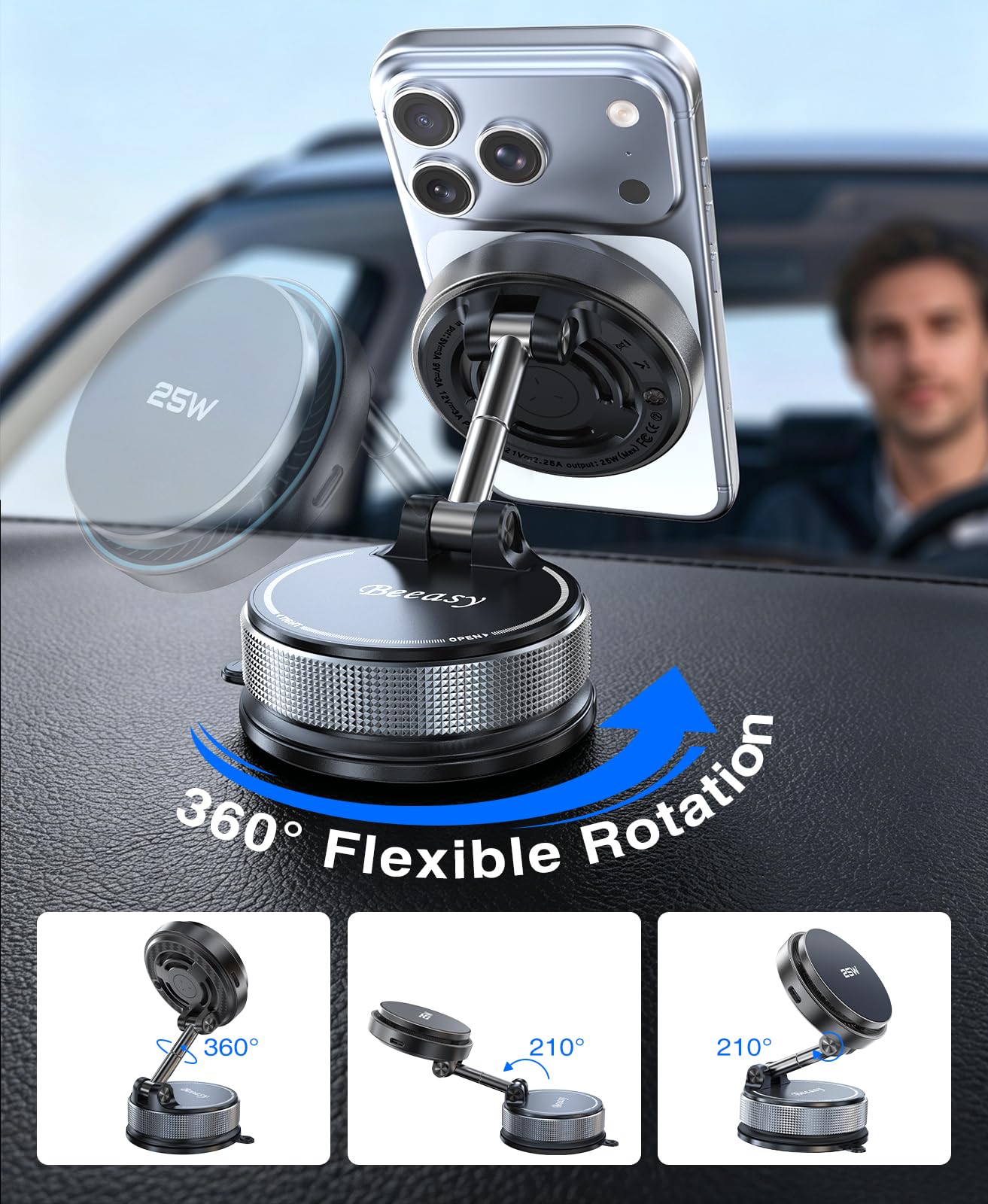 Beeasy Do ładowarki samochodowej 25 W Qi2.2 z wentylatorem chłodzącym, przyssawka próżniowa regulowana 360° samochodowa ładowarka magnetyczna, bezprzewodowa ładowarka samochodowa z adapterem 63 W do
