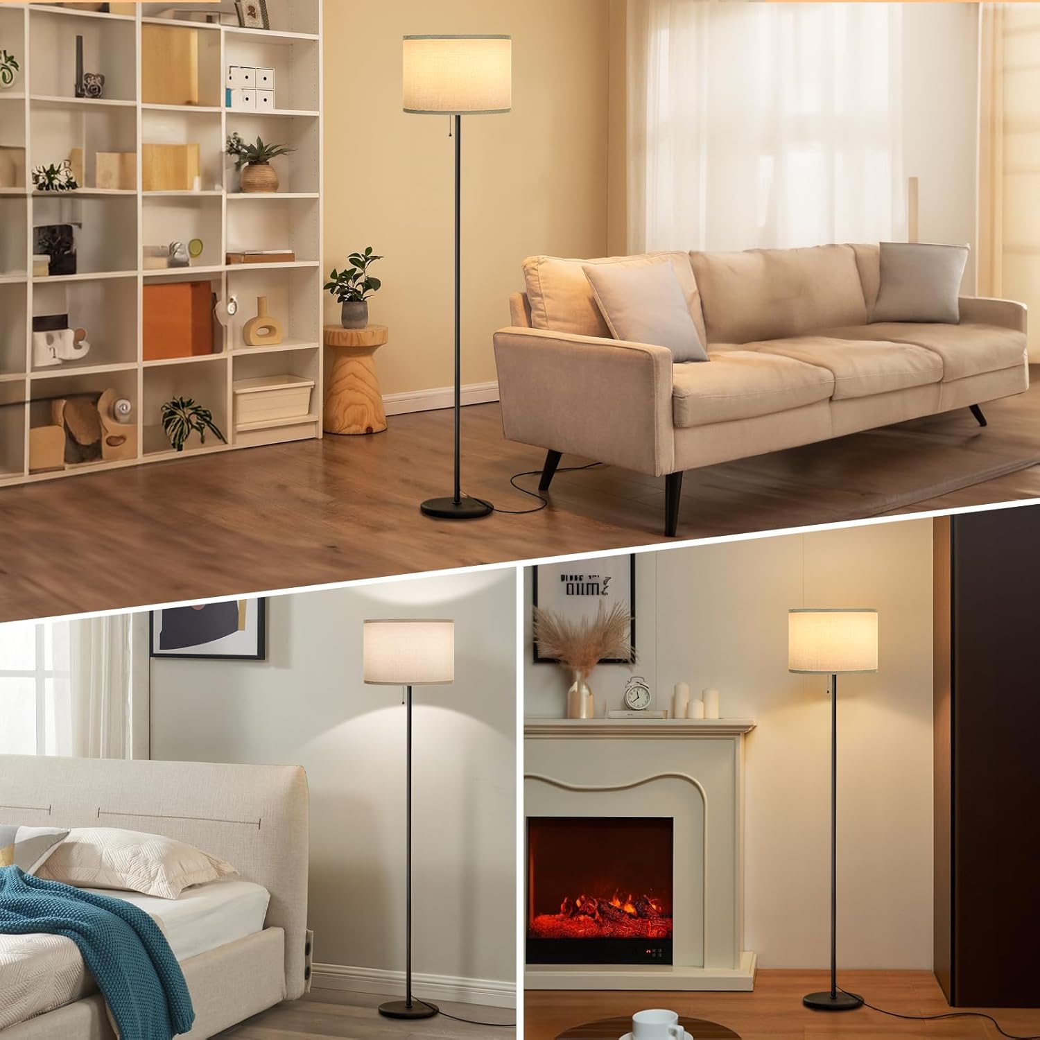 Ambimall Floor Lamps for Living Room with 3 Color Temperatures Bulb & Pull Chain Switch, 60" Modern Standing Floor Lamp for Bedroom Kids Room Study Room（Grey Shade & Black Pole）