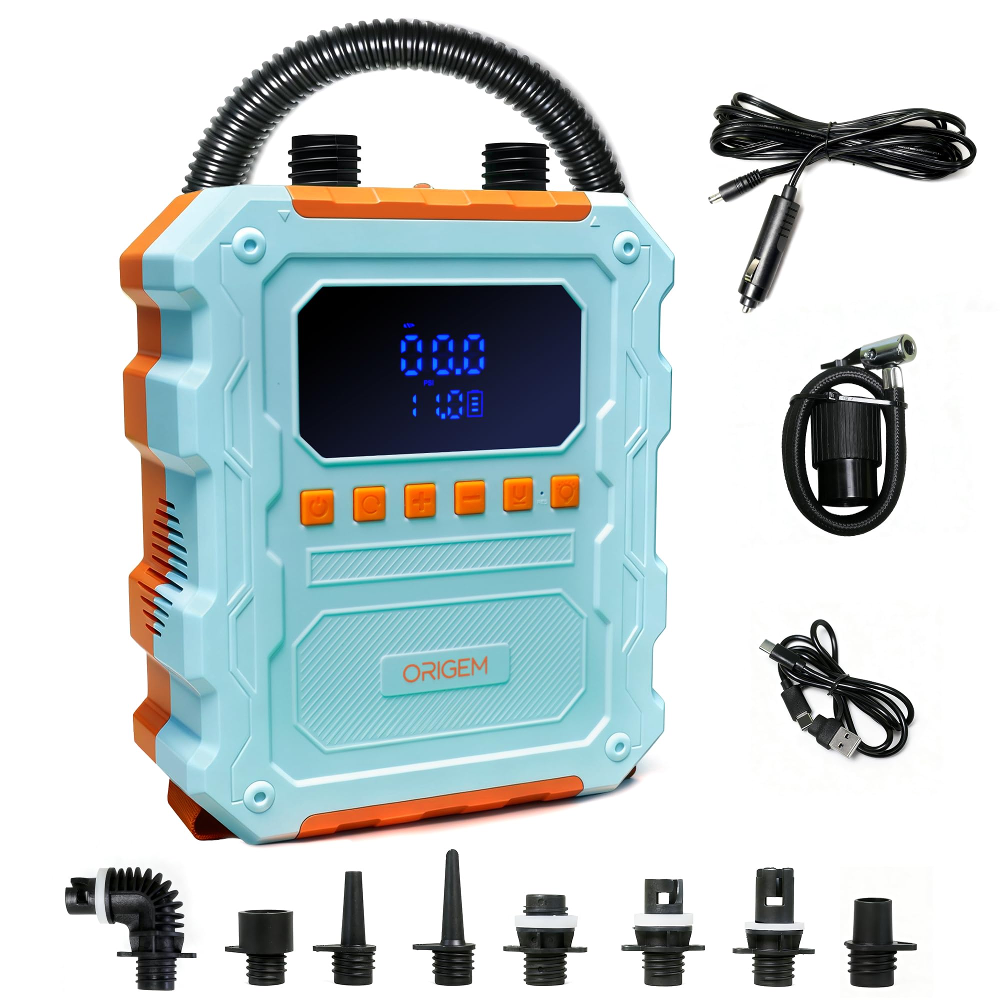 Origem 60PSI Pompa Elettrica SUP, 20800mAh Ricaricabile Gonfiatore Portatile per 6-9 SUPs, Compressore Aria per Pneumatici Auto Moto e Bici con 10 Ugelli per Paddleboard Gommoni Kayak Tende Materasso
