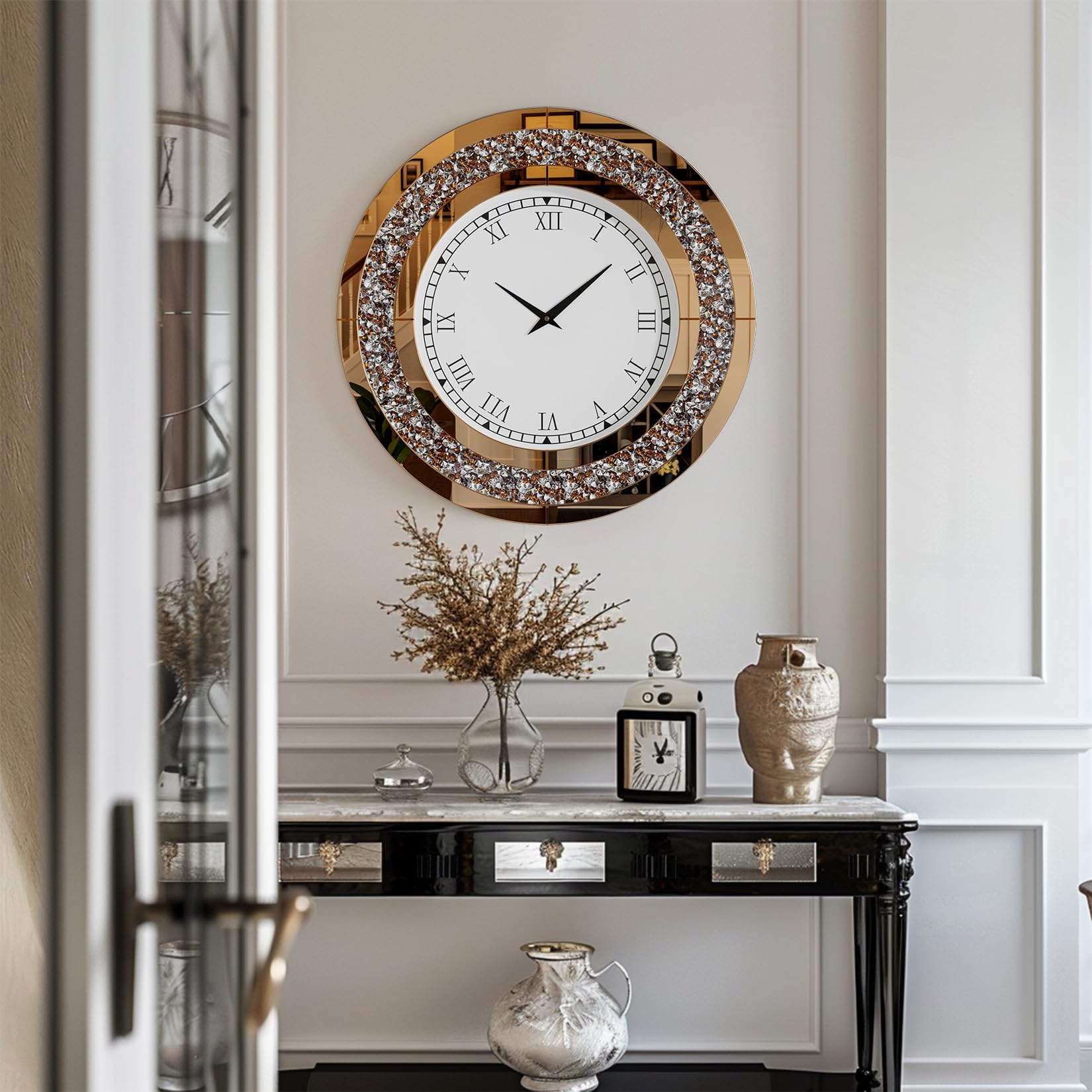 Wanduhr Modern Groß 60cm: Deko Kristall Uhren, Wohnzimmer Wanduhren Tickenfreies Design Römische Ziffern Uhren für Wohnzimmer, Schlafzimmer, Küchen Dekoration Gold